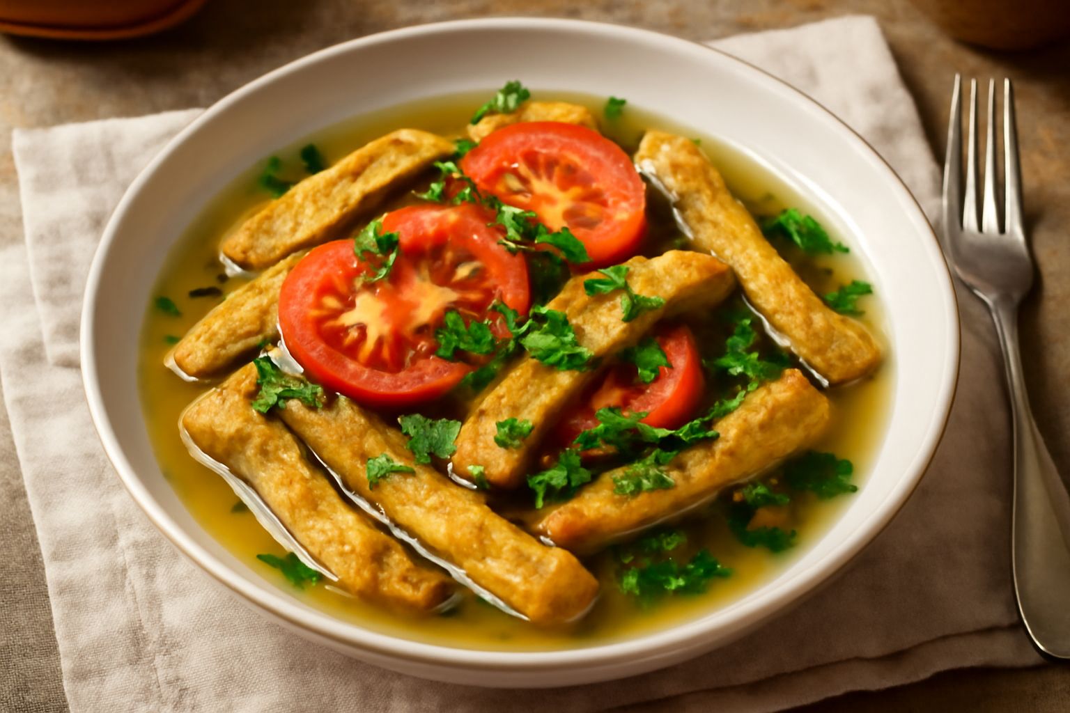 Piatto fondo bianco con melanzane tagliate a fette fritte, dorate e croccanti, immerse in un brodo trasparente salato, guarnite con prezzemolo fresco verde e fettine sottili di pomodoro rosso