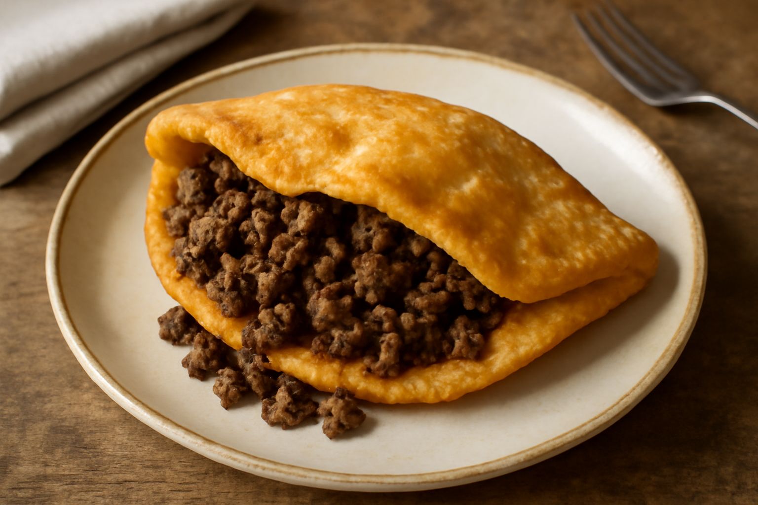 Pani ca' meusa appena fritta, sfoglia dorata croccante ripiegata a mo' di panino, milza ragù visibile all'interno, servita in un piatto di carta con bicchiere di acqua fredda salata in accompagnamento