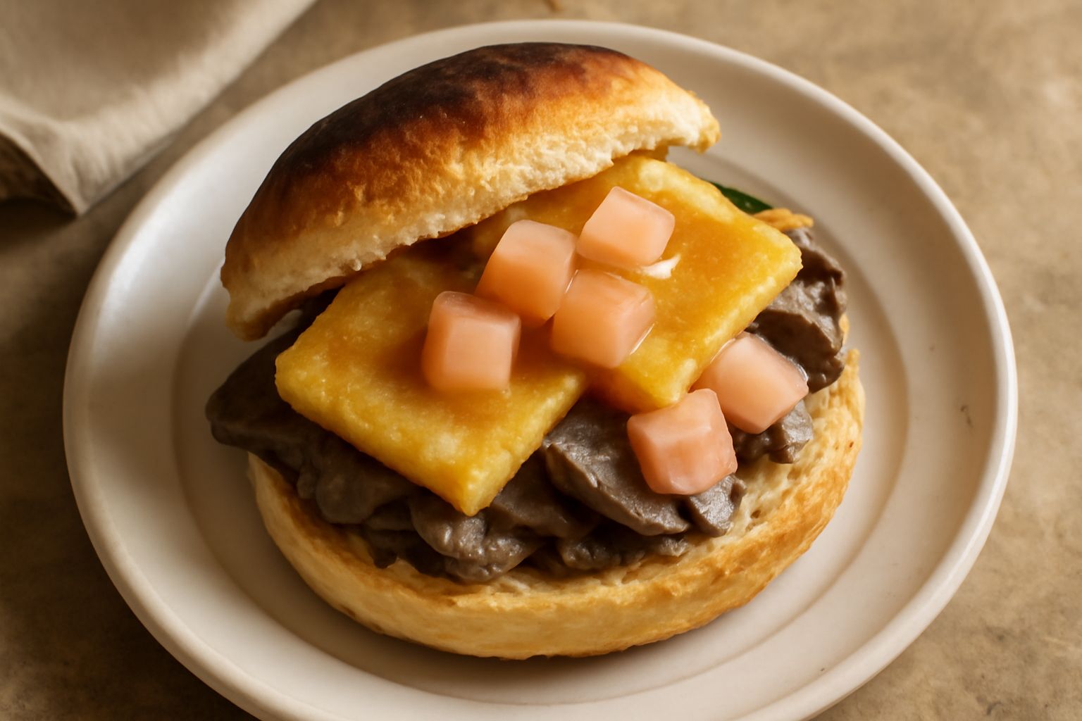 Pane tostato aperto ripieno di panelle croccanti dorate, polpa di melone rosa pallido e acqua che goccia, servito in piatto bianco con limone a fette