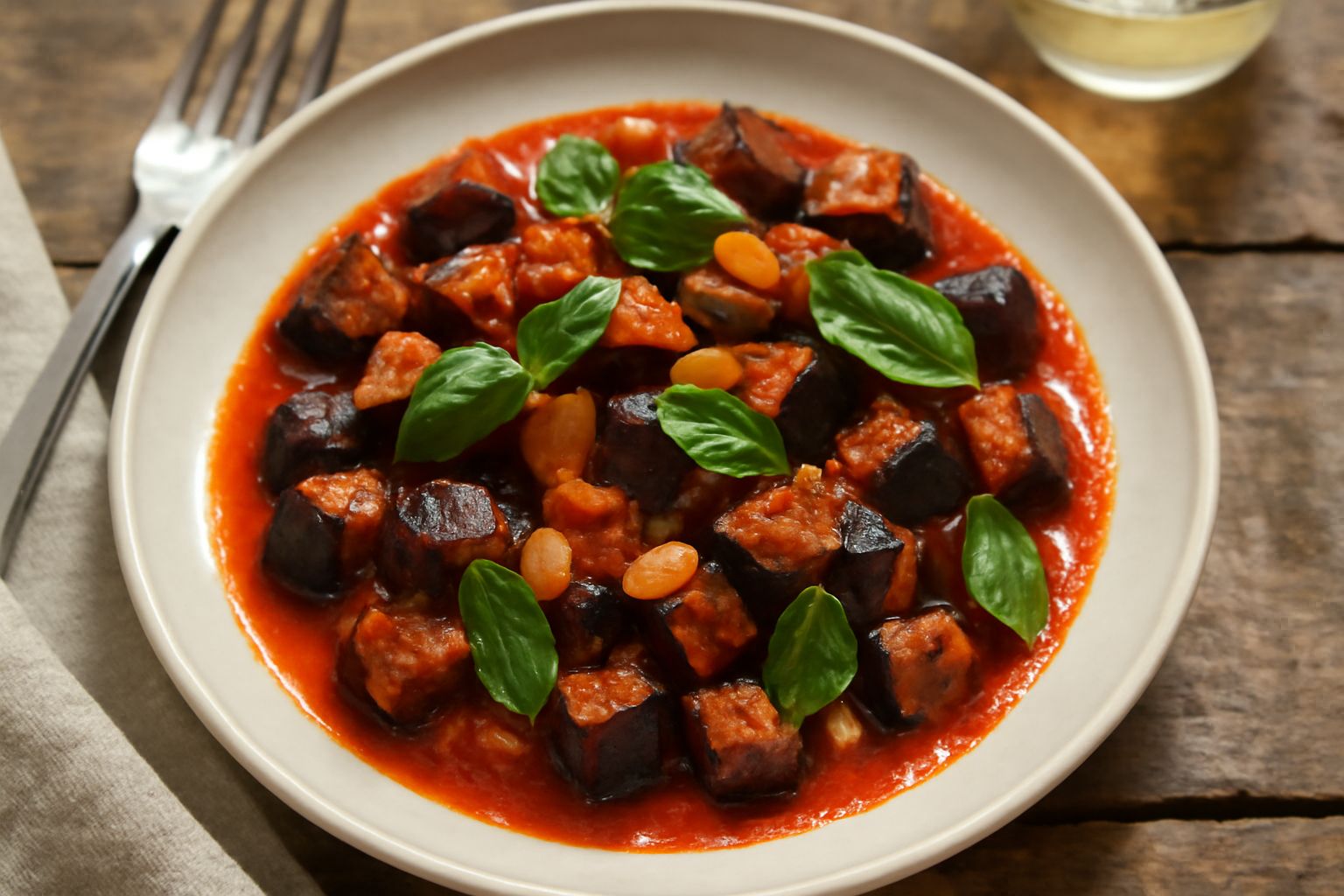 Melanzane tagliate a dadini in una pentola con sugo di pomodoro, aglio e basilico fresco, cotte a fuoco lento, colore viola scuro e rosso vivace del pomodoro