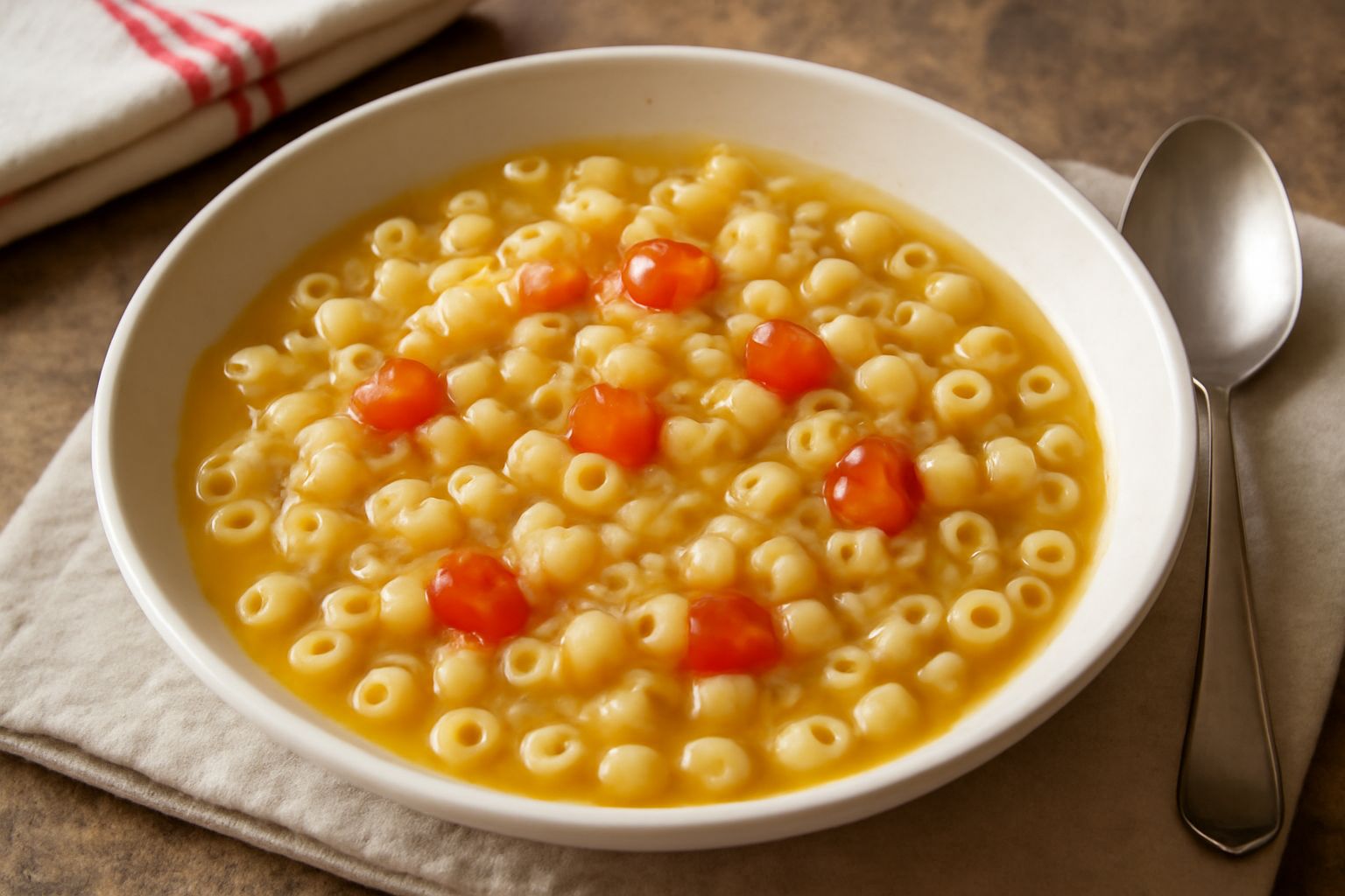 Piatto di ceramica bianca con pani ca' modi: pasta corta in brodo trasparente con piccole cipolle soffritte, pomodoro rosso, e qualche goccia di olio d'oliva verde in superficie