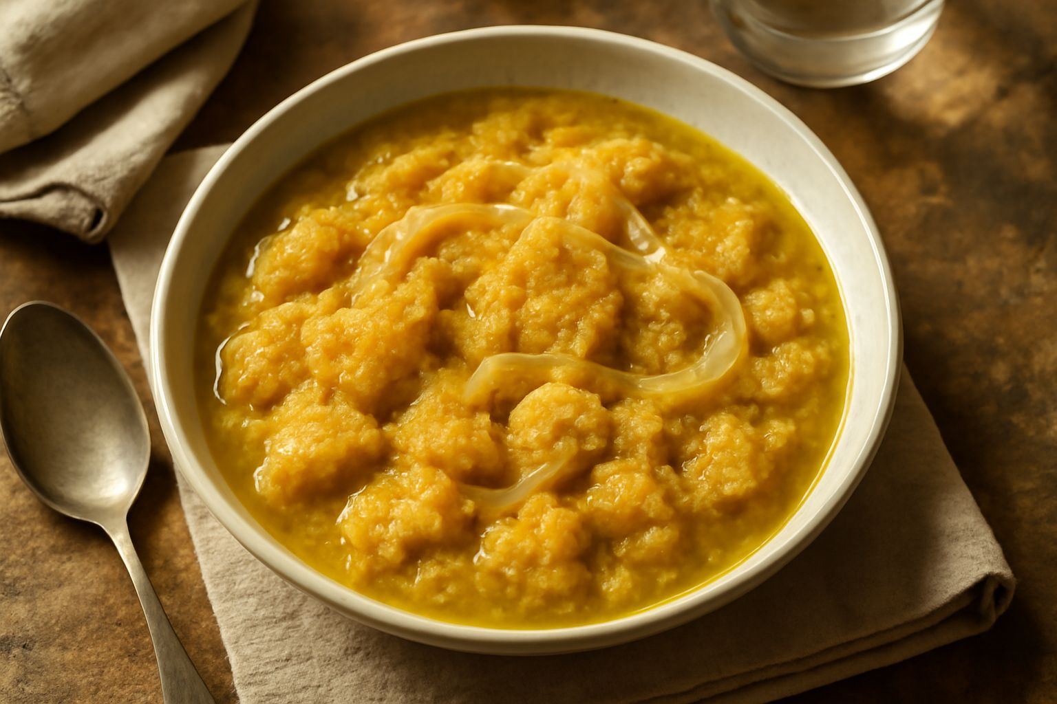 Una ciotola di ceramica con zuppa di pane e cipolla caramellata, colore giallo dorato, con fette di pane ammorbidito e cipolla trasparente, servito con cucchiaio in legno su tavolo di terracotta