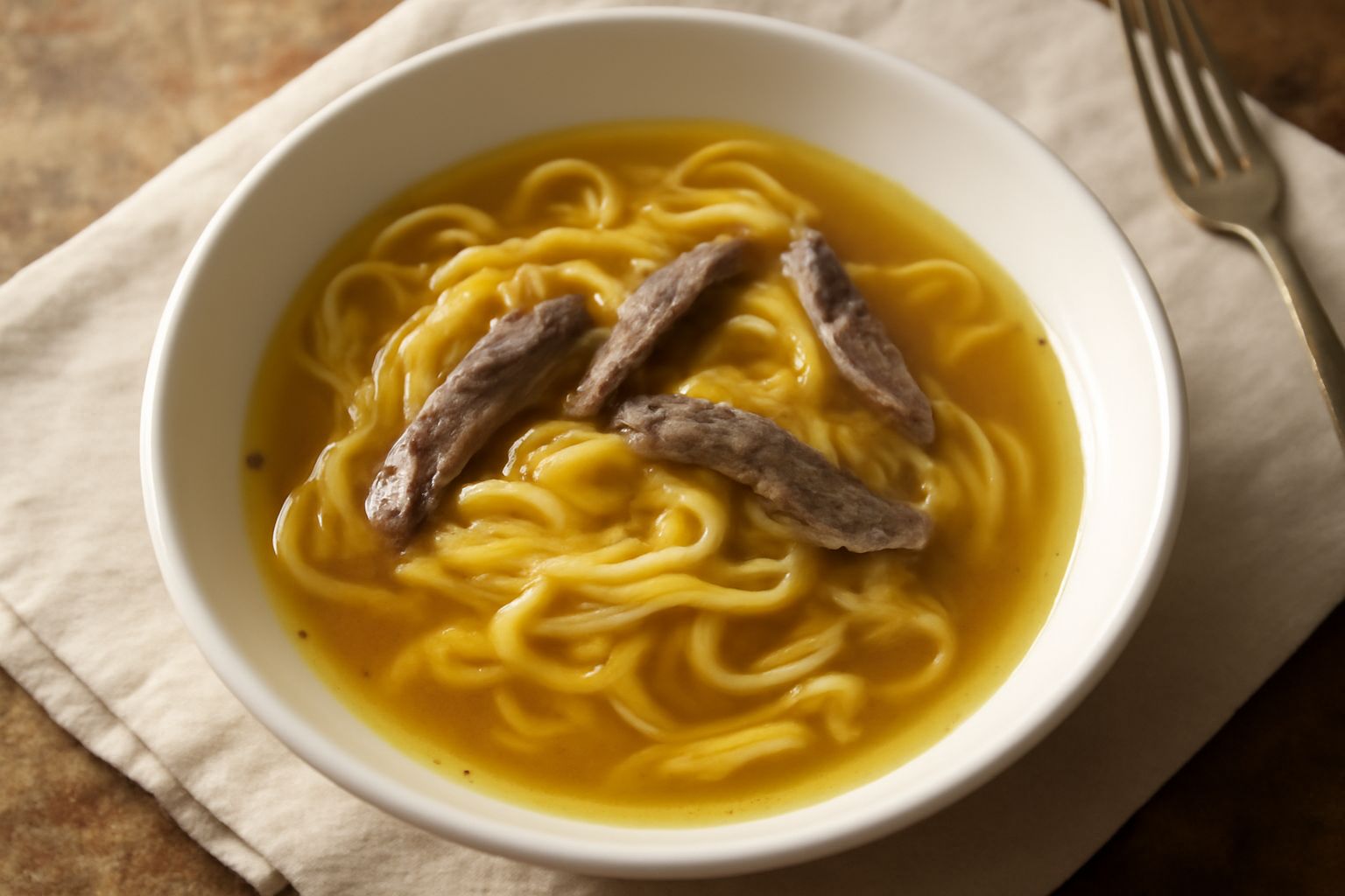 Ciotola di ceramica bianca con pasta fresca gialla in brodo trasparente dorato, acciughe salate discielte, gocce d'olio verde in superficie, pane tostato sullo sfondo