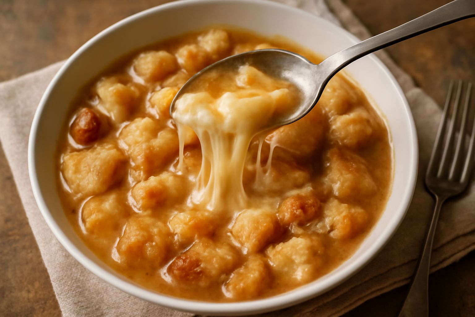 Ciotola di ceramica bianca con zuppa fumante: fili di formaggio filante bianco che fuoriescono da brodo trasparente, pezzi di pane dorato ammorbidito, pepe nero in superficie, cucchiaio di legno poggi
