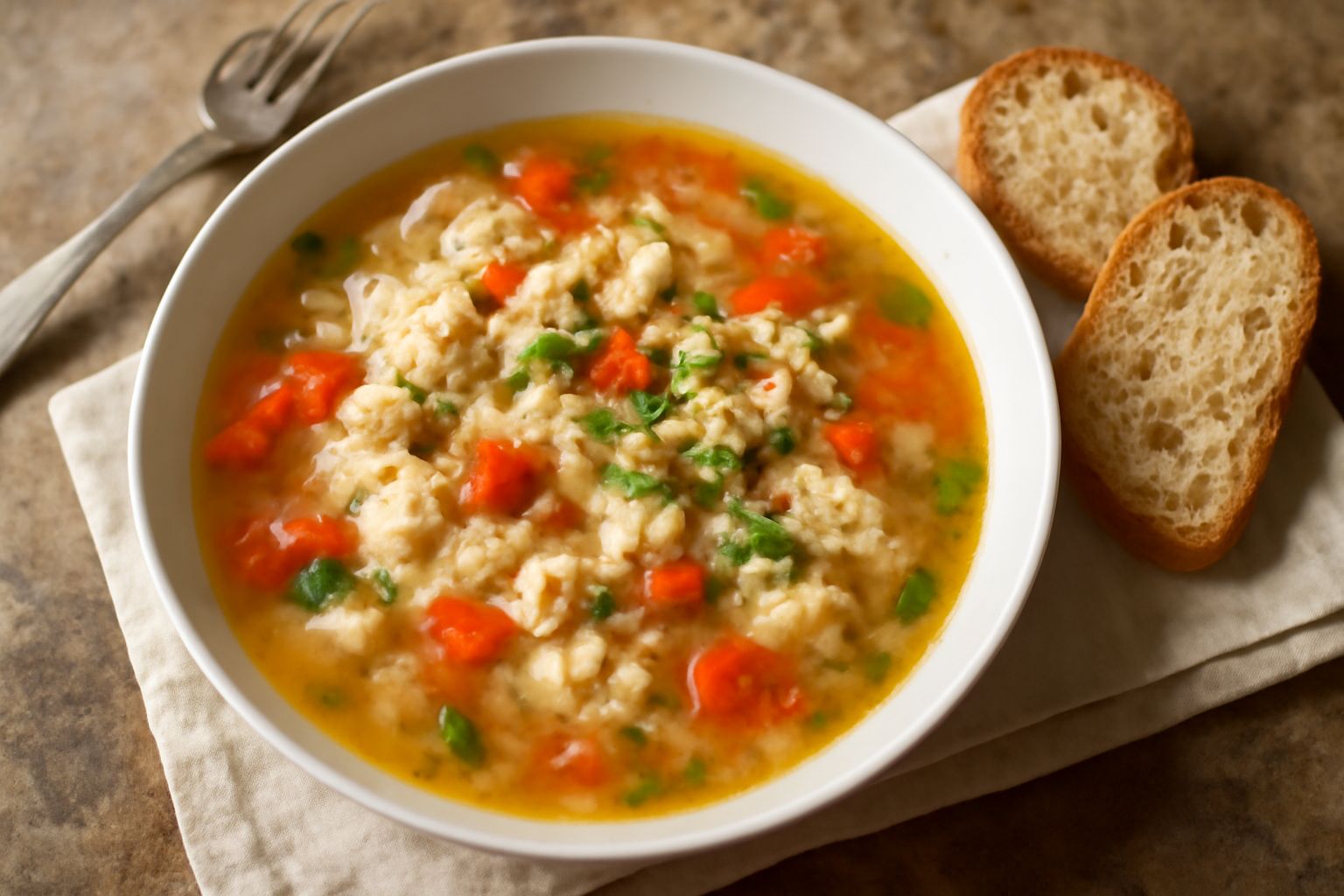 Una ciotola di brodo trasparente color ambra con pezzetti di pesce bianco, pomodori rossi, cipolla e verdure, garnita con prezzemolo fresco, vapore leggero che sale dalla zuppa