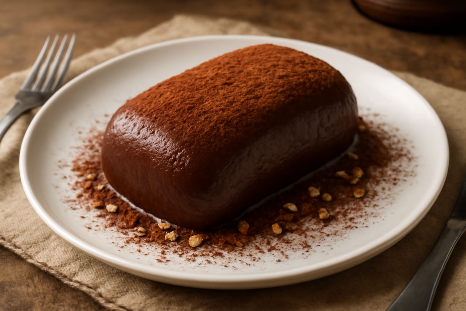 Pani ca' nutella su un piatto bianco: polpettone scuro dal colore bruno intenso, superficie liscia e compatta, guarnito con una spolverata di cacao amaro e frammenti di nocciola tritata, fianco arroto