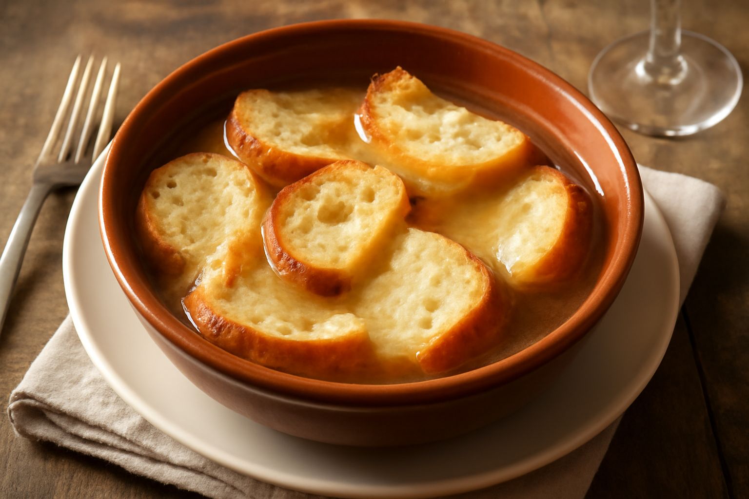 Ciotola di ceramica bianca con zuppa di pane e brodo trasparente, fette di pane dorato galleggianti, aglio affettato visibile, gocce d'olio d'oliva verde scuro, prezzemolo fresco tritato in superficie