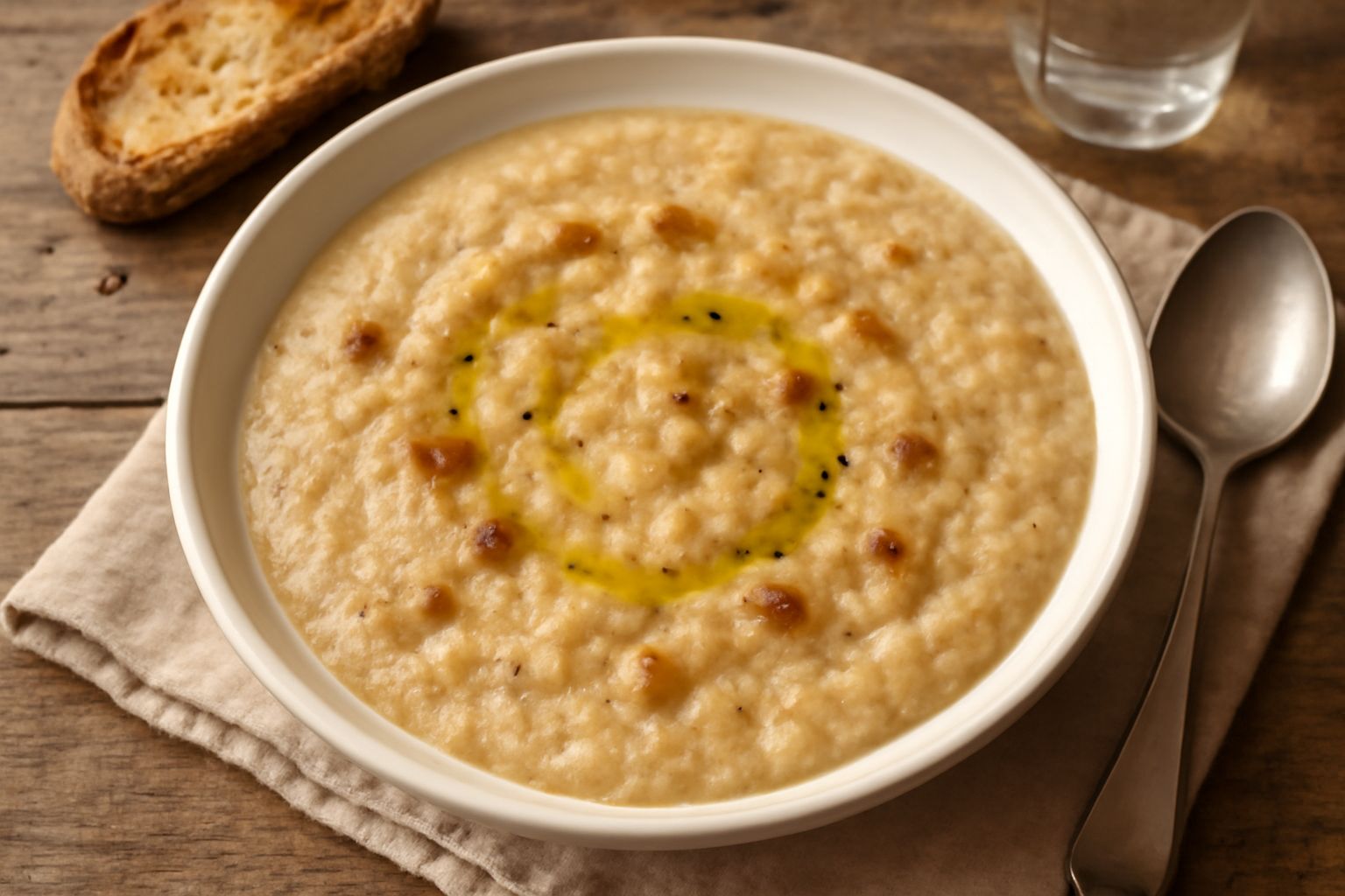 Una scodella di ceramica bianca contiene una zuppa cremosa beige con sfumature dorate, condita con pezzetti di pane scuro, un filo di olio d'oliva in superficie e una spolverata di pepe nero. Accanto,