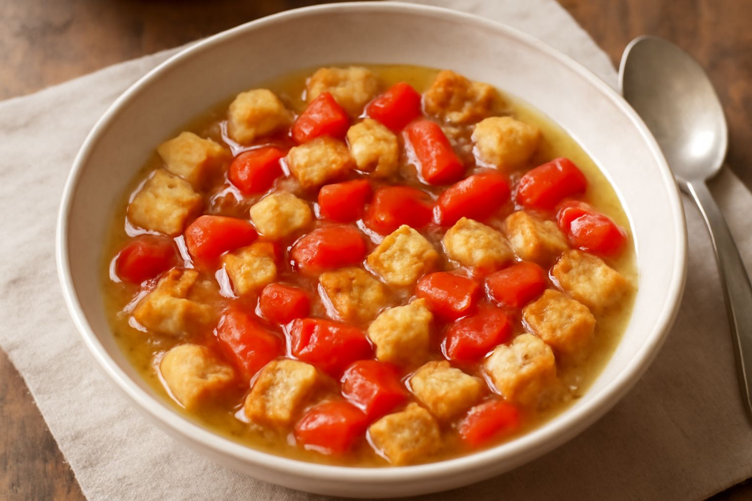 Piatto di ceramica bianca con cubetti di pane tostato dorato bagnati in acqua salata, pomodoro rosso fresco a pezzetti, basilico verde, olio extravergine che crea una lieve patina lucida sulla superfi