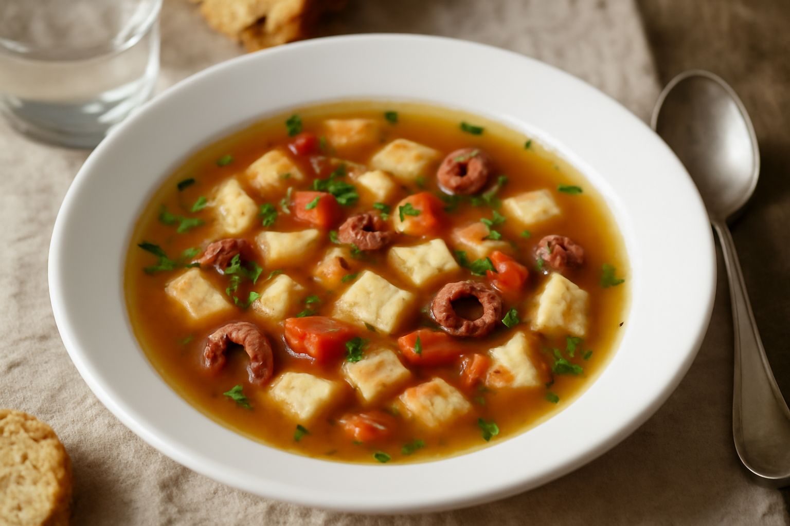 Una ciotola di brodo trasparente color ambrato con pezzi di pesce bianco e polpo, gambi di prezzemolo fresco verde e un filo di olio d'oliva in superficie, servita in una ciotola di ceramica bianca