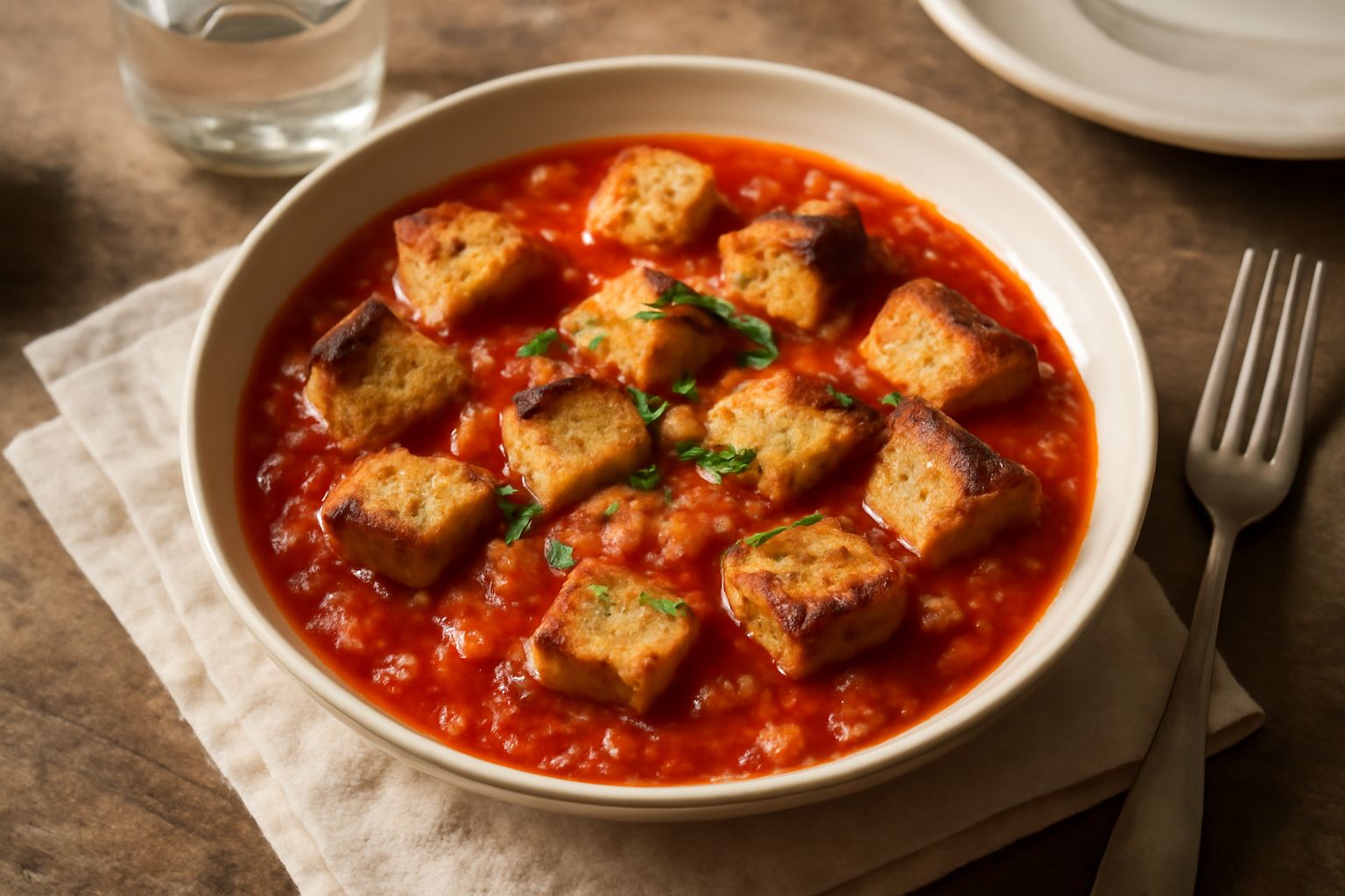 Ciotola di ceramica bianca con «pani ca' pomodoro»: pezzi di pane tostato galleggiano in brodo rosso di pomodoro, con fette di pomodoro fresco e foglia di basilico verde, servita su tavolo di pietra g