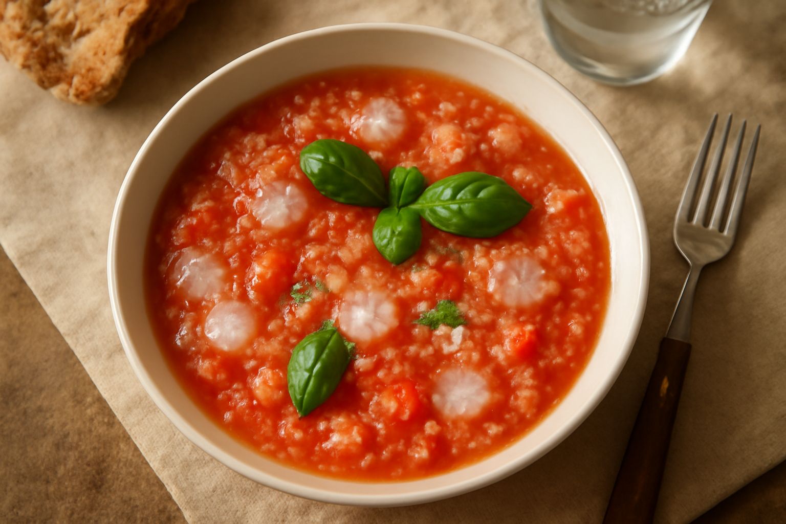 Bicchiere trasparente con acqua torbida rosata al pomodoro, cubetti di ghiaccio, foglie di basilico fresco, fondo bianco