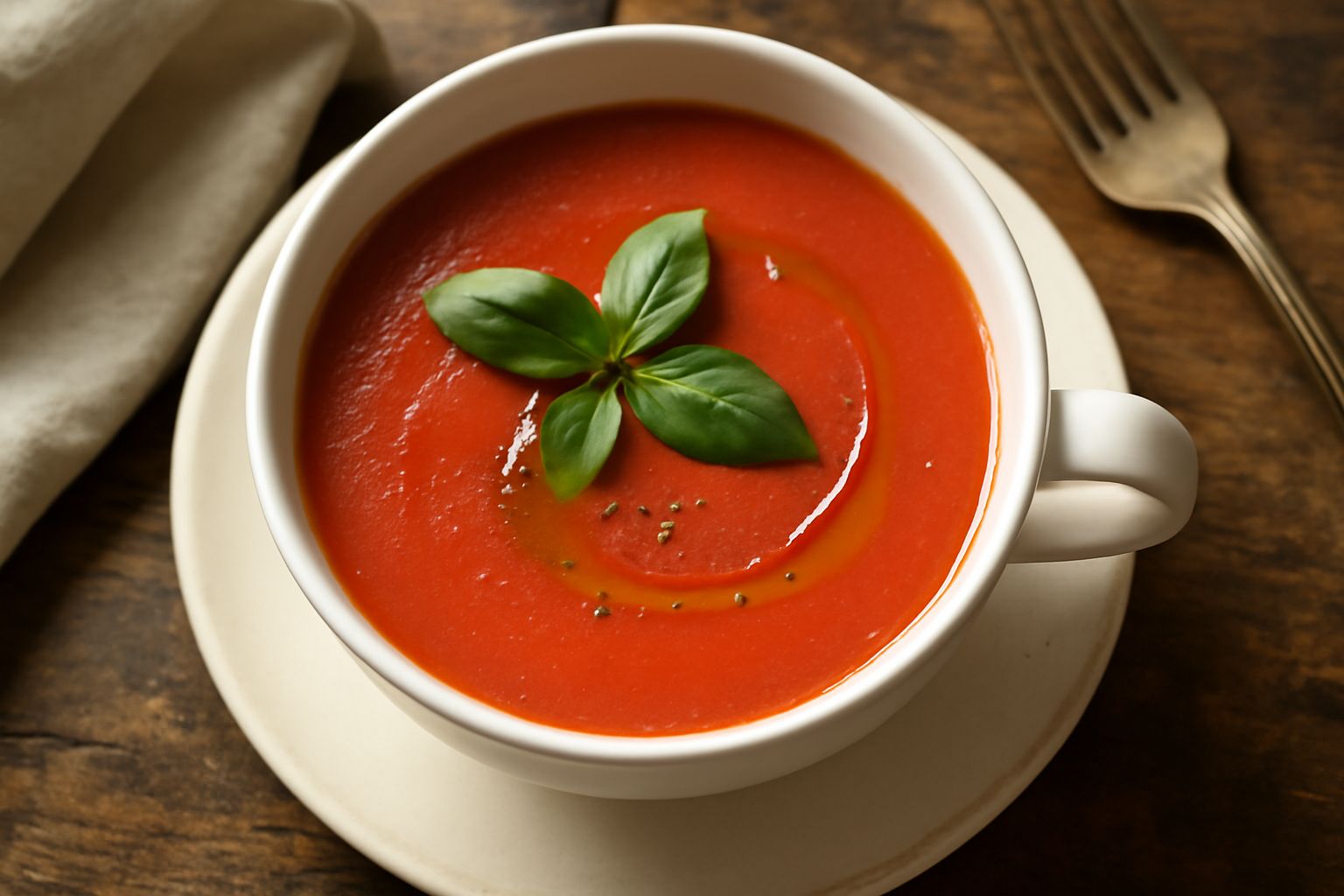 Bicchiere di pani ca' pumitoru rosso acceso con superficie liscia, guarnito con foglia di basilico fresco e gocce di olio, servito su un tavolo in pietra con pomodori freschi accanto