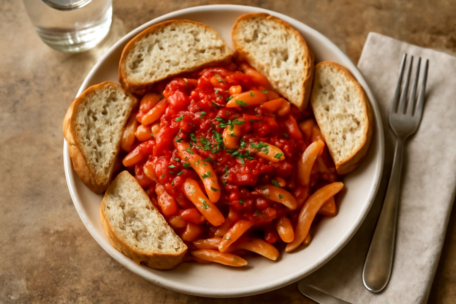 Piatto di pasta fredda con pomodori rossi a dadini, basilico verde e olio lucido, servito in ciotola bianca su tavolo di legno chiaro