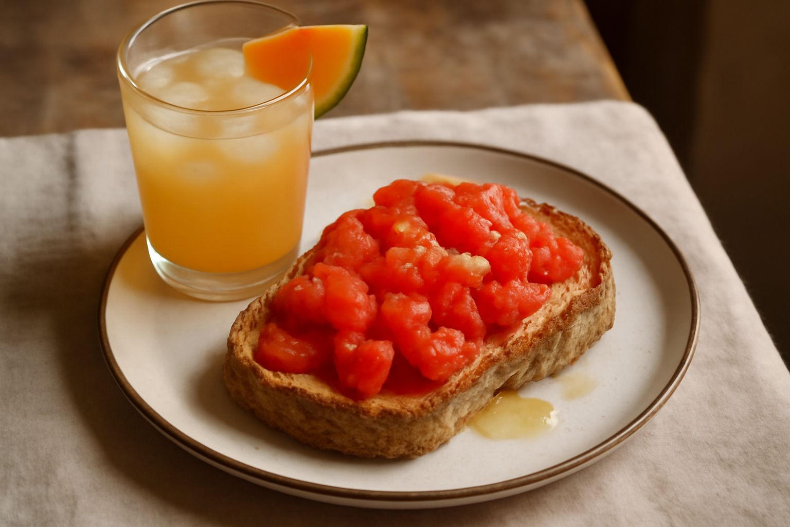 Bicchiere con bevanda giallo-arancione trasparente, ghiaccio galleggiante, fetta di melone arancione al bordo, limone affettato accanto, sfondo bianco.