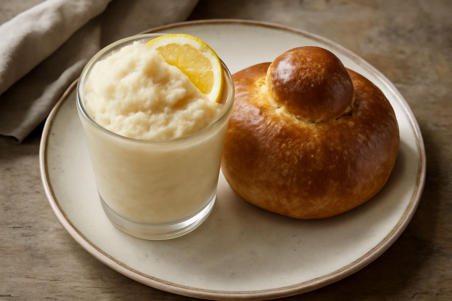 Bicchiere di pani ca' pupu gelata con superficie cremosa bianca, gocce di succo di limone, cucchiaio di legno appoggiato sul bordo, su tavolo di legno con limoni freschi accanto