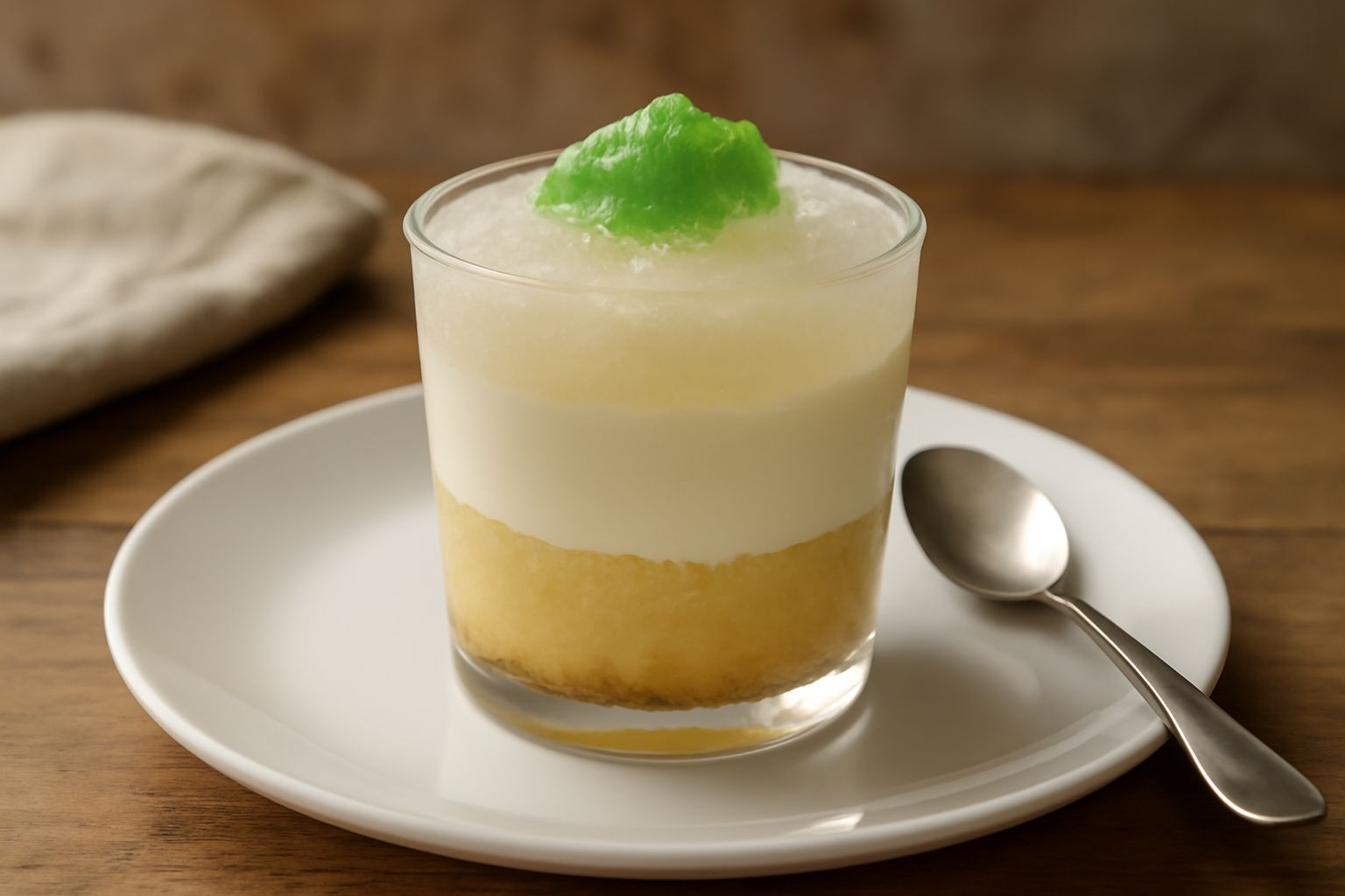 Bicchiere trasparente con strati visibili: pan di Spagna bianco imbevuto, ricotta cremosa bianca, granita rosa pallido, decorazione di pasta reale verde in superficie, servito con cucchiaio da dolce