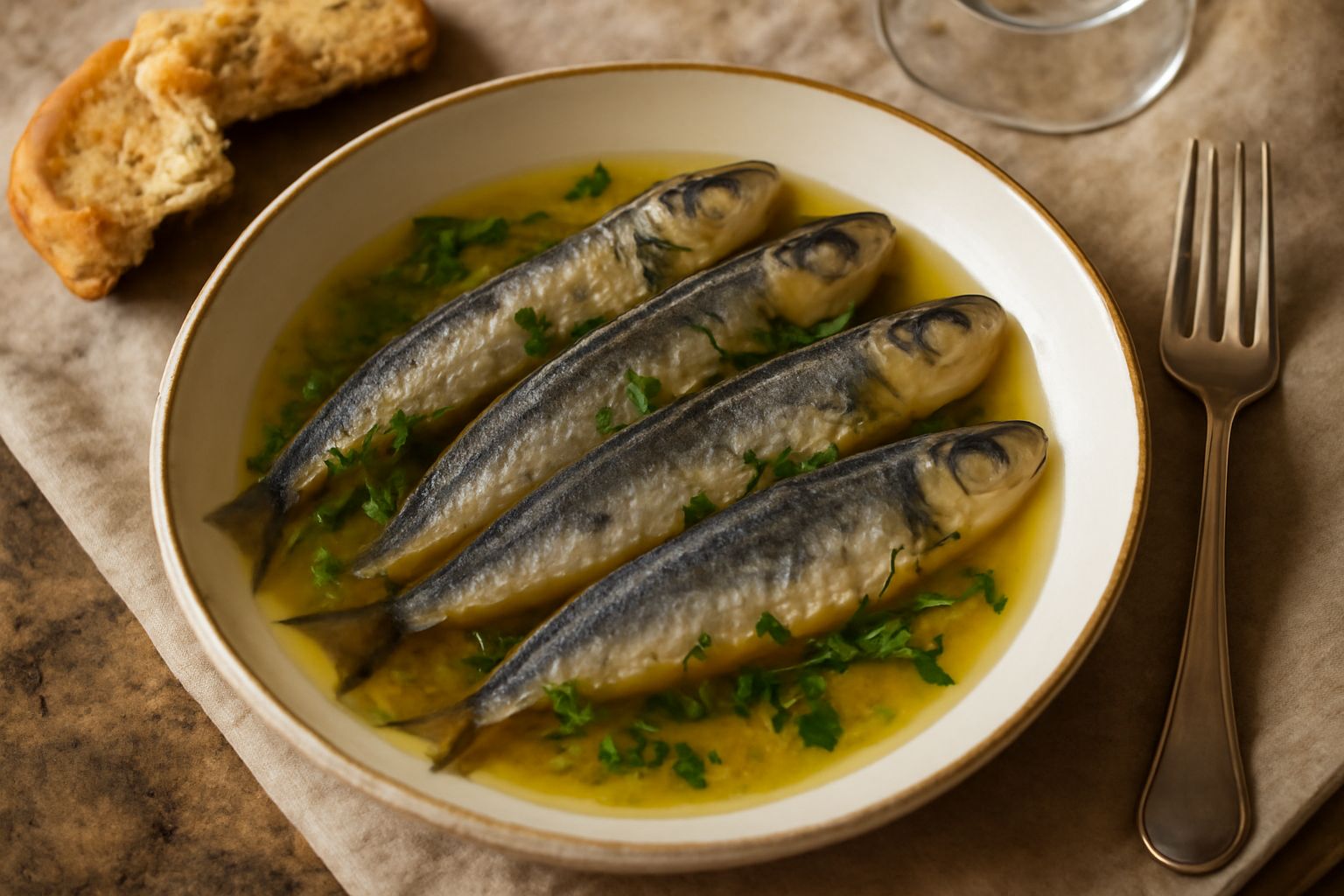 Ciotola di brodo trasparente con sardele intere cotte galleggianti, prezzemolo fresco verde, limone giallo affettato sul bordo, pane tostato in sottofondo
