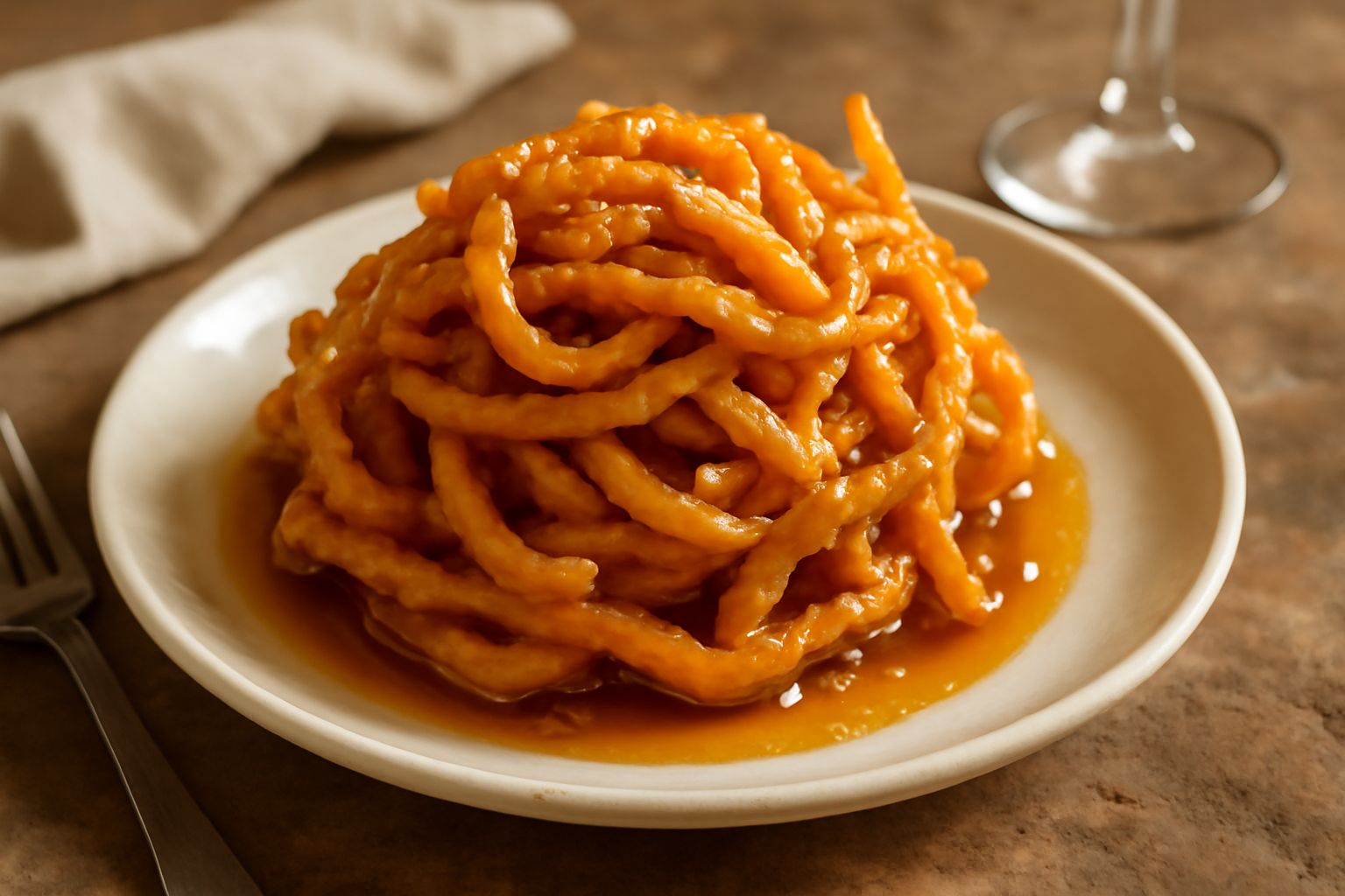 Pani ca saba dorato e croccante disposto su piatto bianco, striscioline di pasta intrecciate legate dal miele ambrato, con granelli di zucchero e una spolverata di cannella visibile in superficie