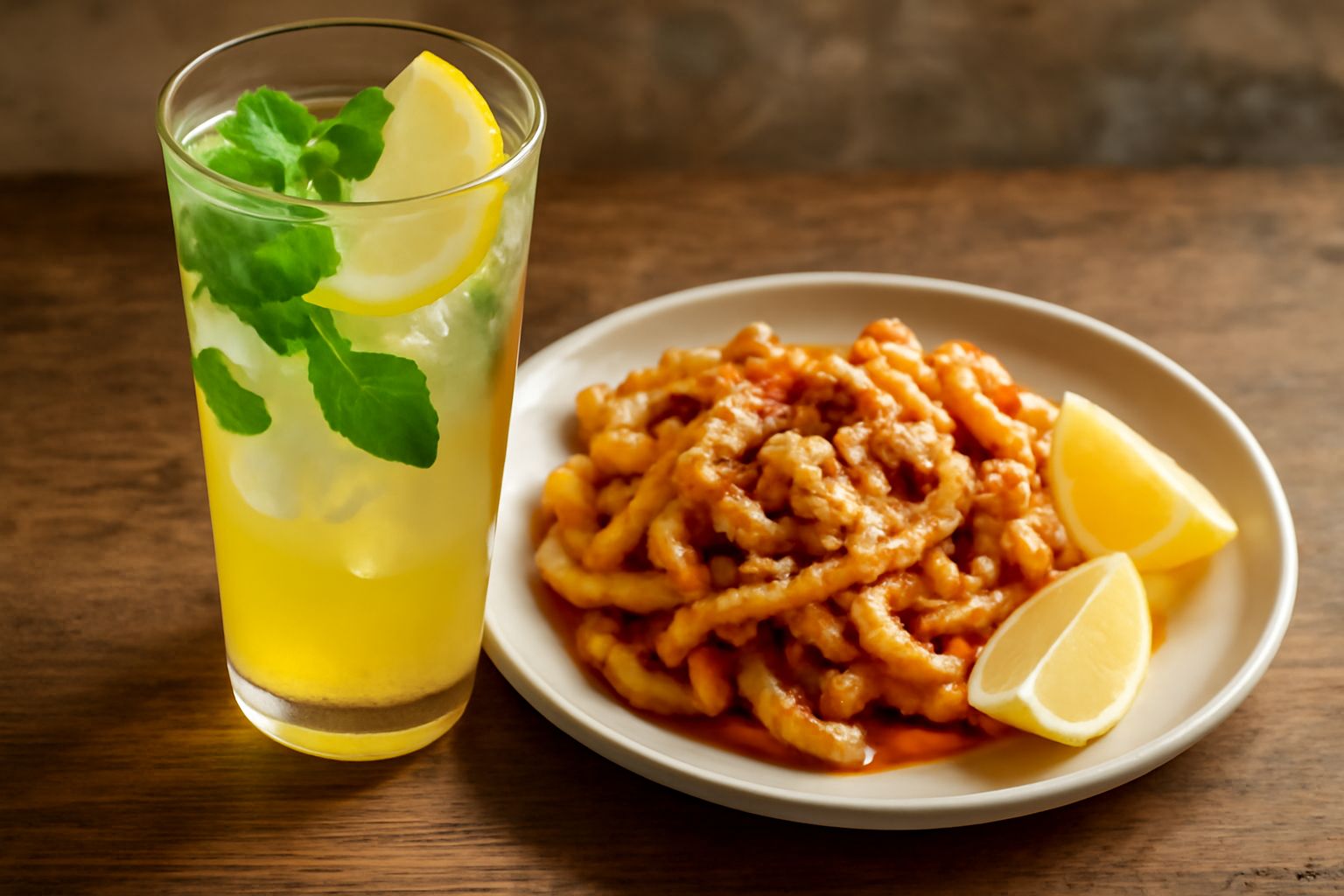 Bicchiere di vetro trasparente con bevanda giallo-trasparente, foglie di menta fresca galleggianti in superficie, cubetti di ghiaccio, spicchi di limone sul bordo, sfondo di sole e tavolo di marmo bia