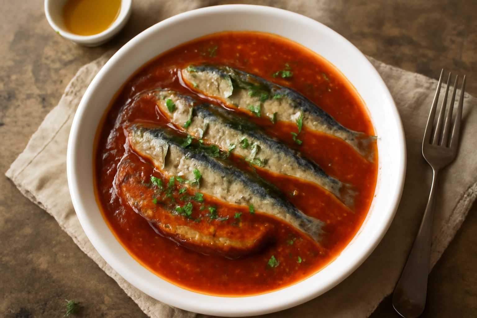 Ciotola di ceramica bianca con zuppa di pesce color rosso-arancio, sardine intere visibili, fettine di pane tostato galleggianti, prezzemolo verde tritato in superficie, servita su tavolo di legno