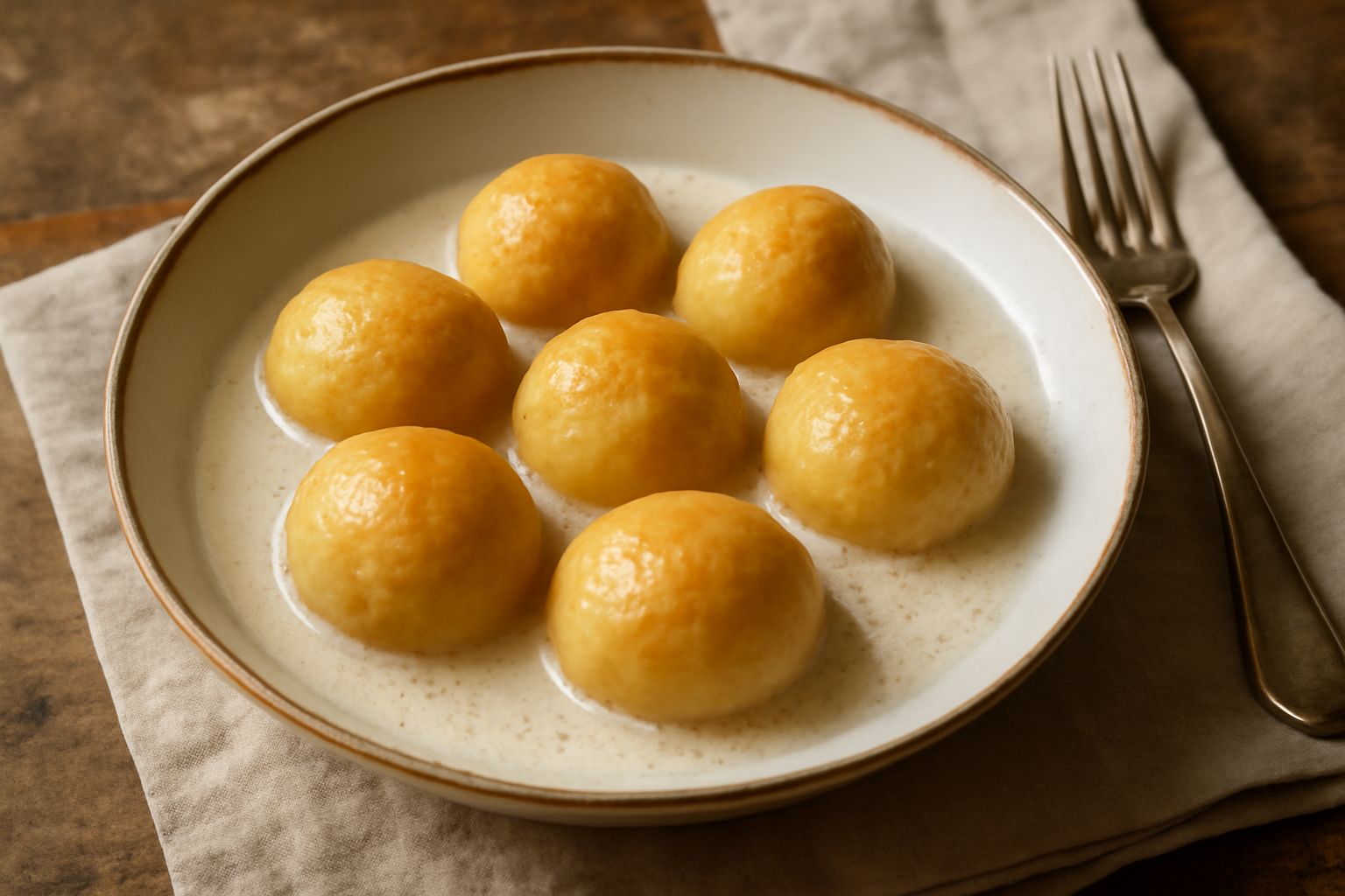 Pani ca' semula in una ciotola di ceramica bianca, palline dorate e cremose immerse in latte dolce, con cannella spolverata in superficie e fondo di legno chiaro