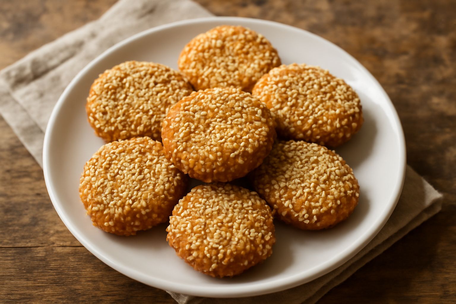 Circa venti pani ca' sesamo dorati e croccanti, ricoperti di semi di sesamo bianco brillante, disposti su un piatto bianco. Alcuni biscotti mostrano la frattura interna che rivela la pasta fritta morb