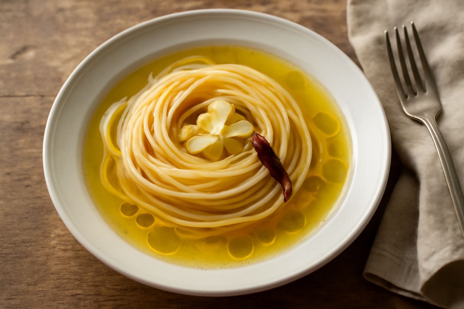 Piatto di pasta in brodo leggero color ambra con fili di spaghetti, gocce di olio dorato in superficie, aglio affettato sottile sparso sopra, peperoncino rosso, servito in un piatto fondo bianco su sf