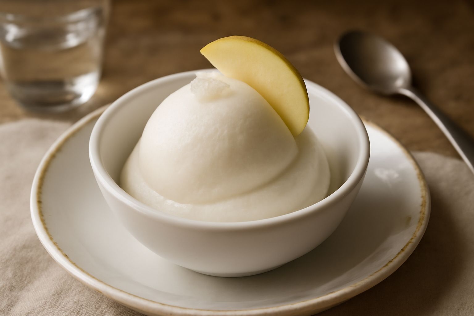 Coppetta di gelato bianco-avorio cremoso a base di mele, servito con una nocciola di gelato, accompagnato da una fettina sottile di mela fresca cruda e cristalli di zucchero sui bordi