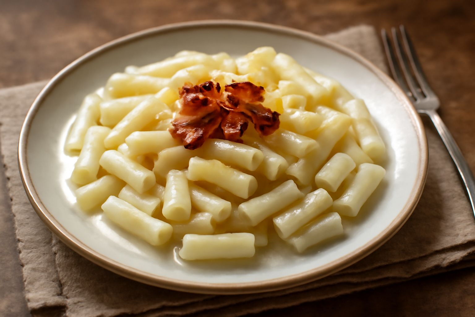 Piatto di pasta bianca condita con olio dorato, aglio soffritto scuro distribuito uniformemente, acqua di cottura lattiginosa, servito in ciotola di ceramica bianca, aglio e peperoncino fresco a lato