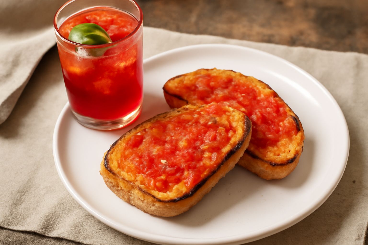 Un bicchiere trasparente riempito di bevanda rossa fredda con cubetti di ghiaccio, foglia di basilico verde sulla superficie, pomodori rossi interi accanto, sfondo bianco luminoso
