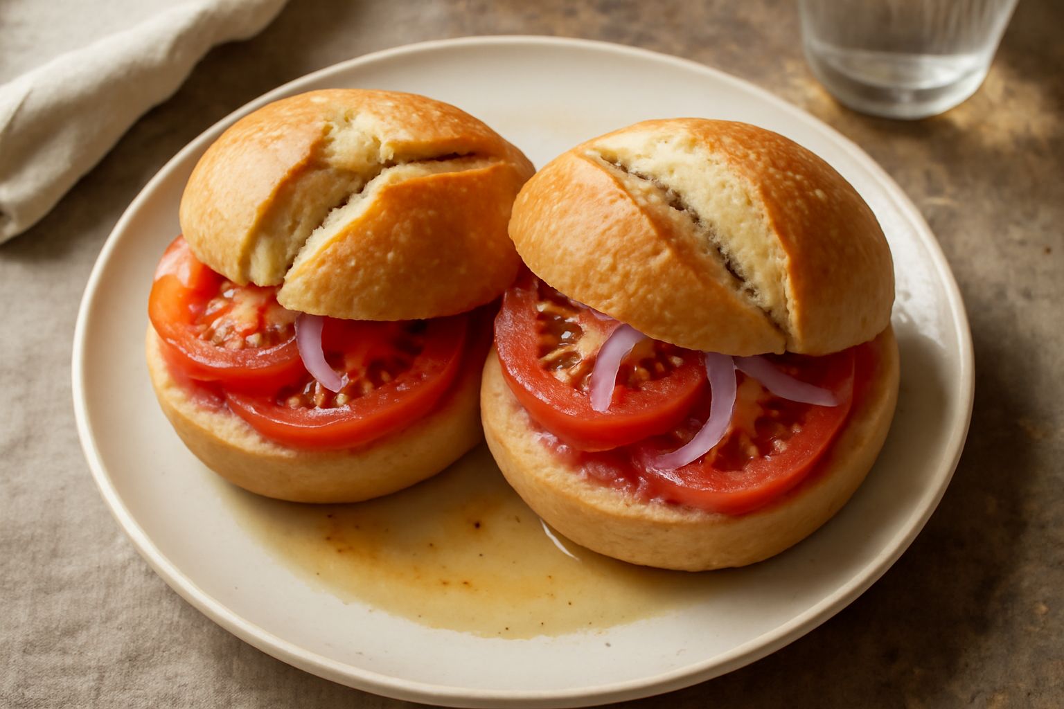 Pani ca tomatigus appena sfornati, pani panini rotondi dorati con spaccatura superiore, pieni di pomodori rossi e cipolla violastra visibili, serviti su piatto bianco con foglie di origano fresco