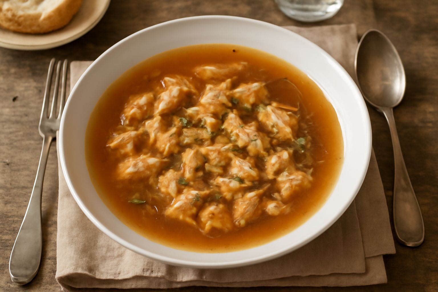 Ciotola di ceramica bianca con brodo color ambra trasparente, pezzi di pesce bianco, dadi rossi di pomodoro, fili di prezzemolo verde fresco in superficie, servito su un tavolo di legno chiaro con pan