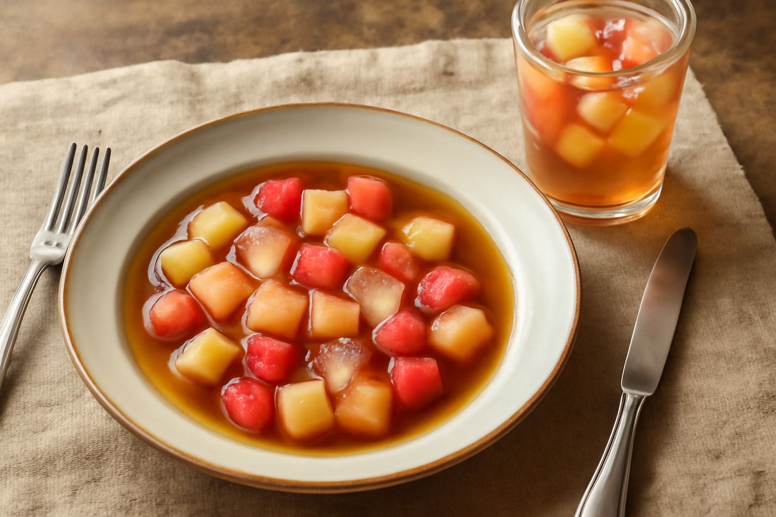 Un bicchiere trasparente di pani ca' vinagru con pezzi di frutta colorata, acqua limpida, fette di melone e anguria galleggianti, con cubetti di ghiaccio, servito su un tavolo all'aperto in ombra