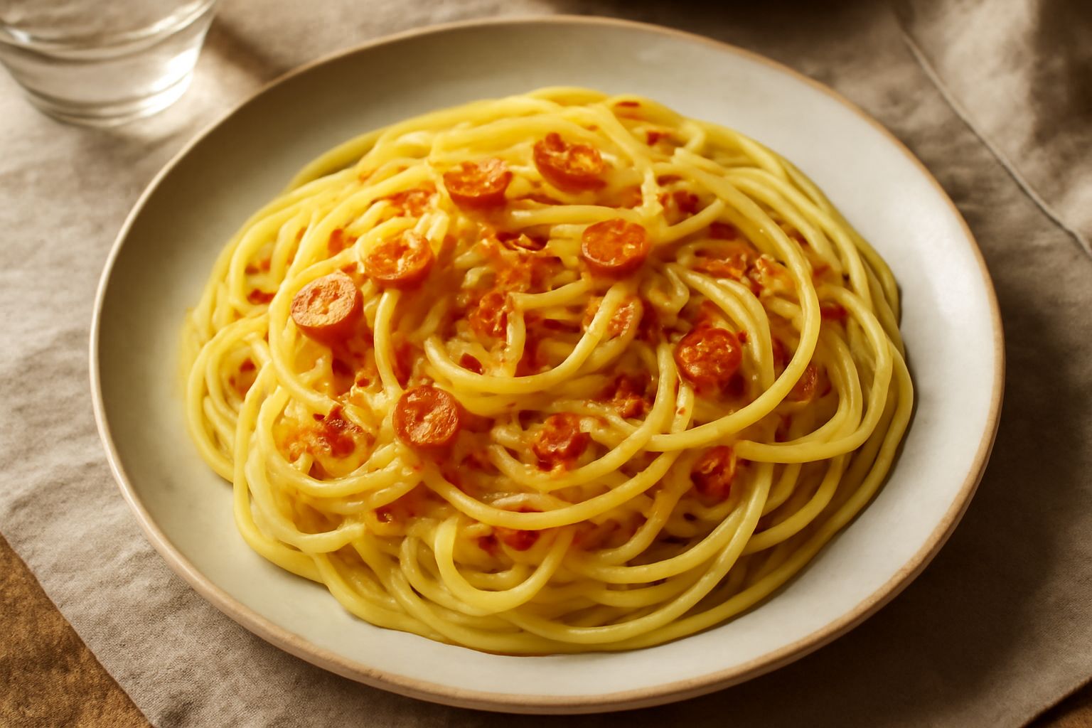 Piatto di ceramica bianca con pasta gialla cotta al dente, condita di olio lucido e briciole di aglio dorato, peperoncino rosso sparso in superficie, servito con cucchiaio in legno
