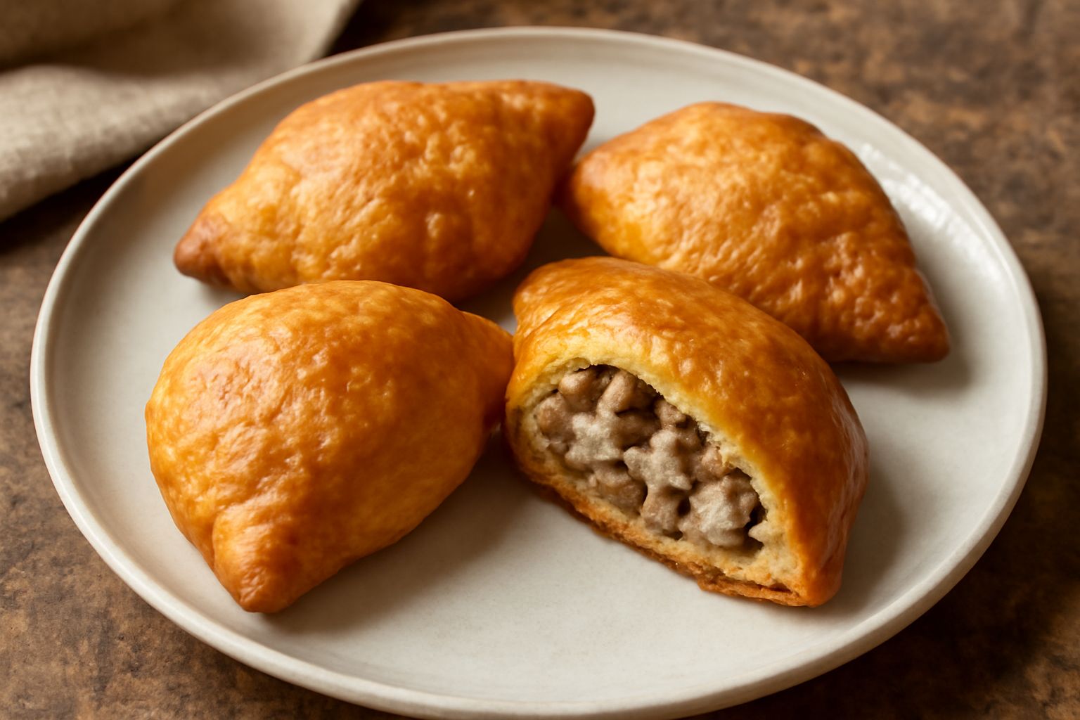 Quattro sfogliatelle dorate e croccanti disposte su un piatto bianco, piene di ripieno che trasuda leggermente. Guarnite con prezzemolo fresco e limone tagliato a spicchi. Sfondo neutro grigio.