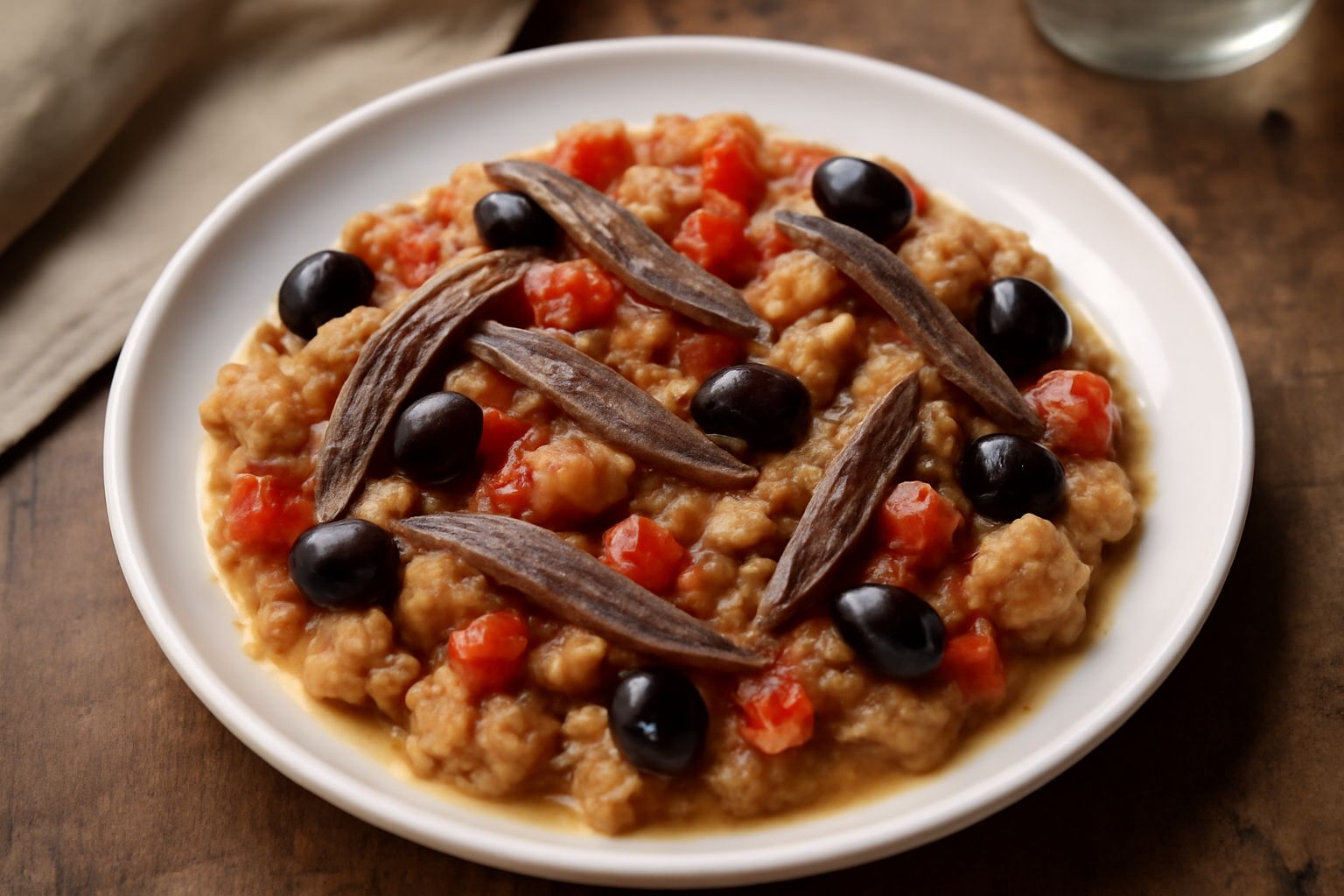 Ciotola di pani cu' l'acciuga con pezzi di pane bagnato, acciughe scure, pomodori rossi tagliati, olive nere lucide, olio verde brillante in superficie, servito in piatto di terracotta bianca