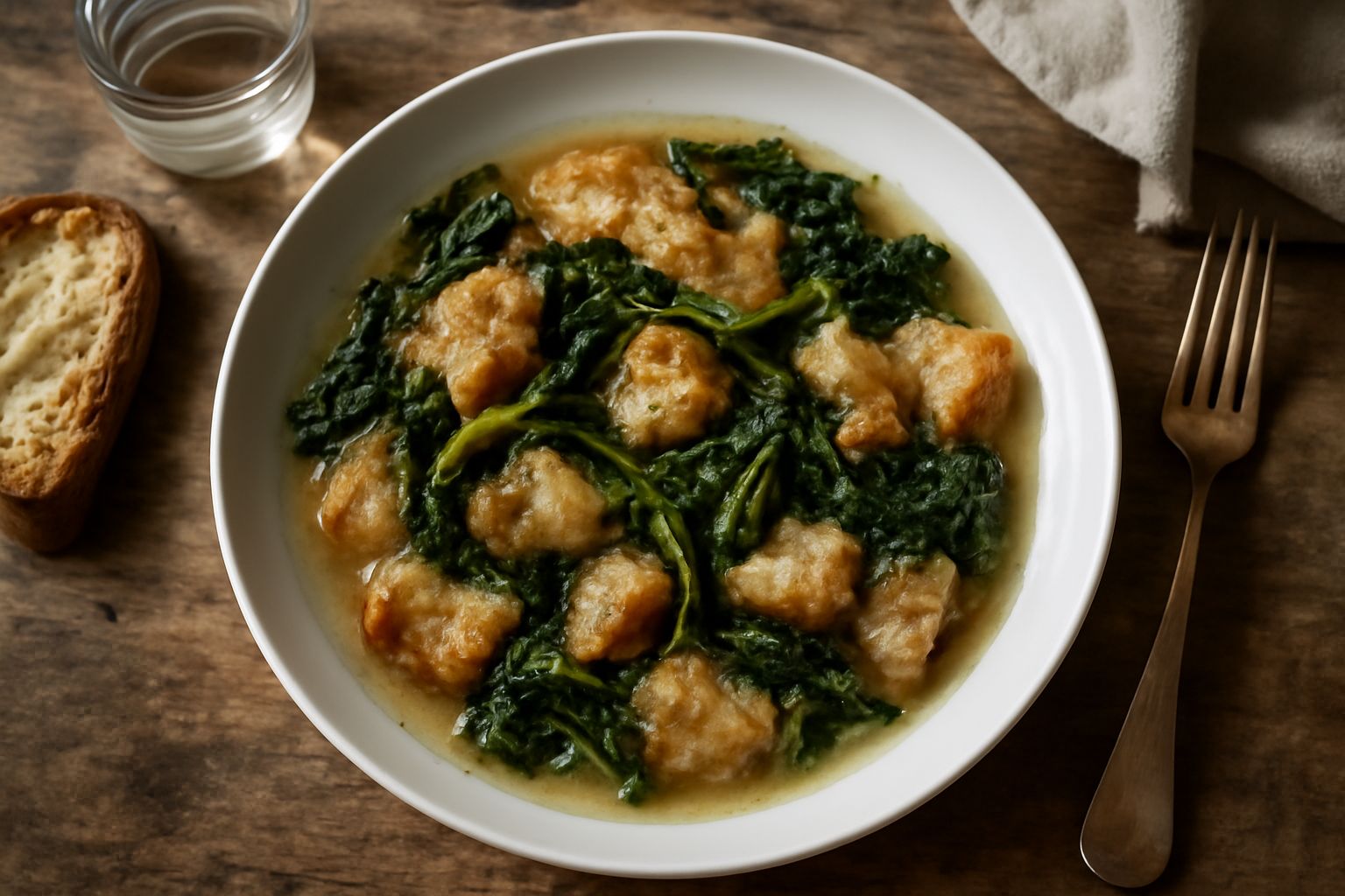 Ciotola di terracotta con zuppa di pane raffermo e cicoria verde scuro, condita con olio d'oliva, su tavolo di legno rustico