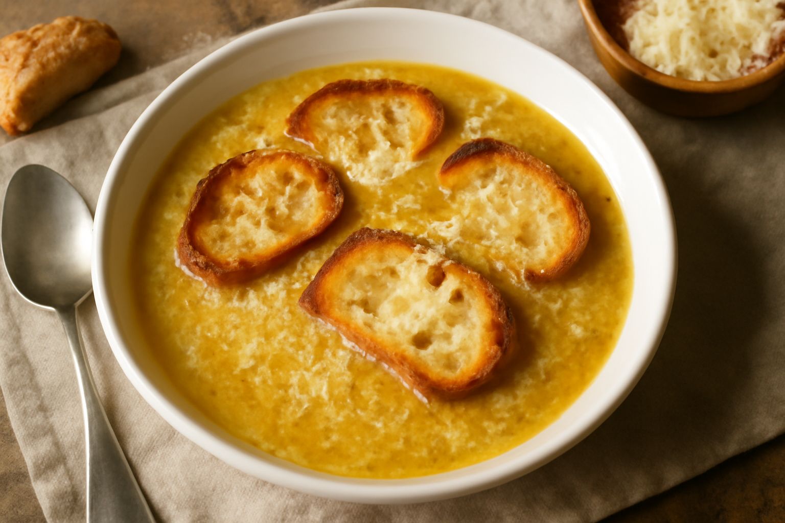 Una ciotola bianca con minestra cremosa gialla, pezzi di pane tostato galleggiante, formaggio grattugiato in superficie, vapore leggero