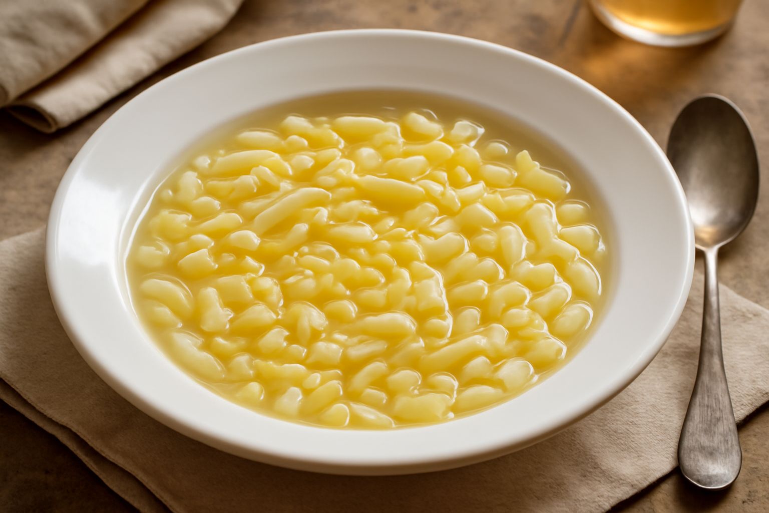 Piatto fondo con pasta corta bianca e traslucida in brodo leggero, condita con gocce dorate di olio extravergine, fettine sottili di aglio dorato e peperoncino rosso sbriciolato, servito in stoviglie 