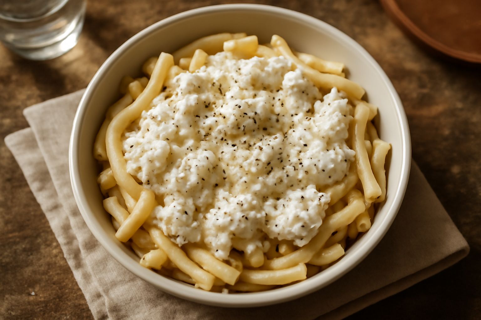 Un piatto di pasta bionda ancora fumante, cosparsa di ricotta fresca bianca a grumi, con gocce di ricotta che si stemperano nel calore, una spolverata di pepe nero macinato in superficie, niente altro