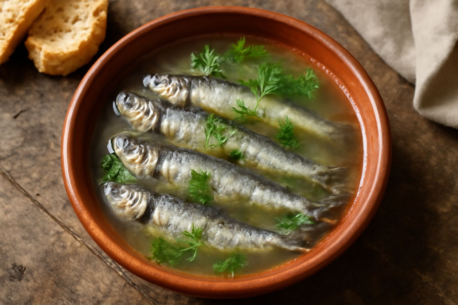 Ciotola di terracotta con sardine intere grigio-argento immerse in brodo trasparente leggermente torbido, con rametti di prezzemolo fresco in superficie, su fondo scuro rustico