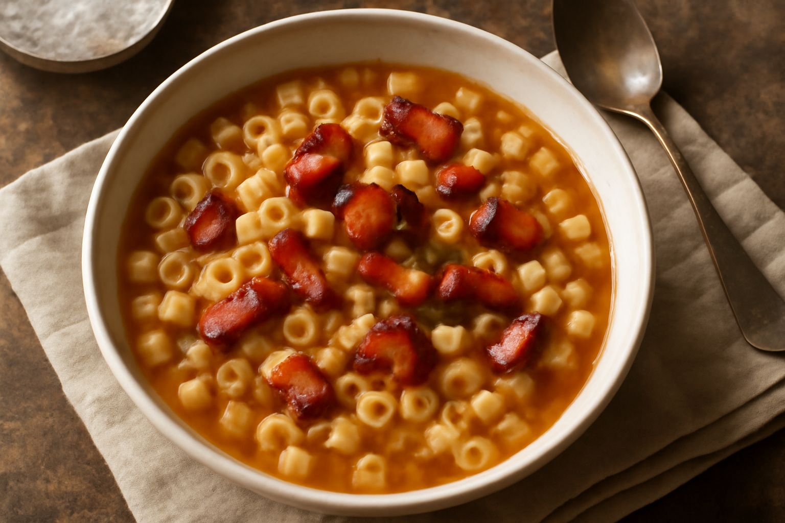Piatto fondo di ceramica bianca con pasta corta in brodo trasparente, pezzi di pancetta dorata e croccante sparsi sopra, prezzemolo fresco verde e una fetta di pane tostato poggiata sul bordo