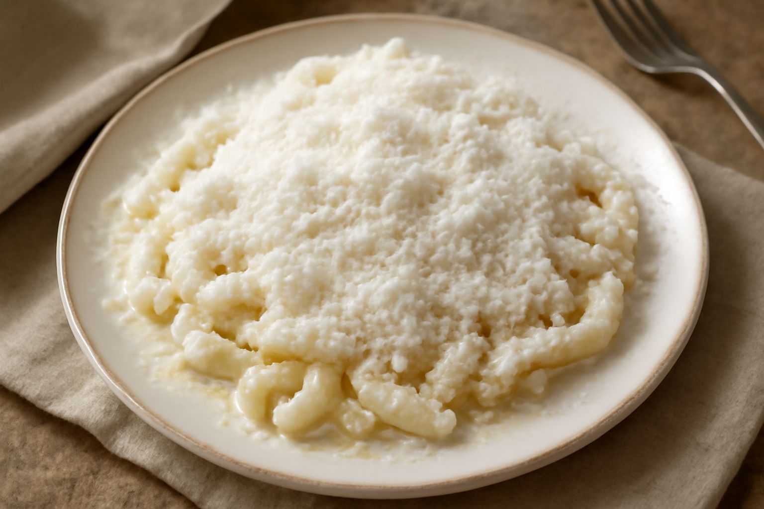 Piatto di pasta filata bianca e cremosa, condita con burro fuso che luccica in superficie, ricoperта abbondantemente di cacioricotta grattugiata bianca, servita in ciotola di ceramica bianca