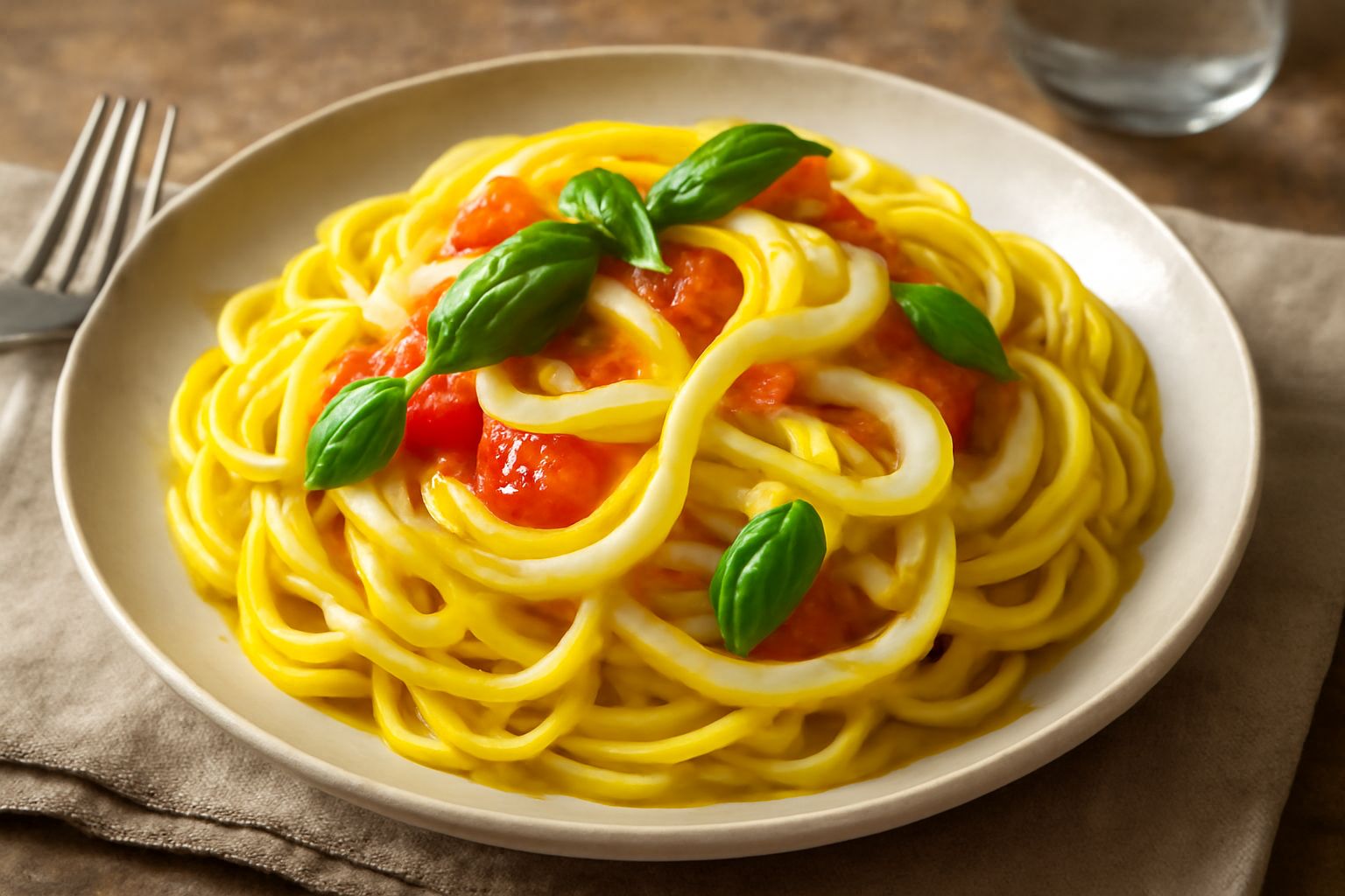 Piatto di pasta bianca (busiate o linguine) condite con striscie di caciocavallo giallo chiaro ancora morbido, salsa di pomodoro rosso brillante, olio verde oliva lucido, su fondo di ceramica bianca, 