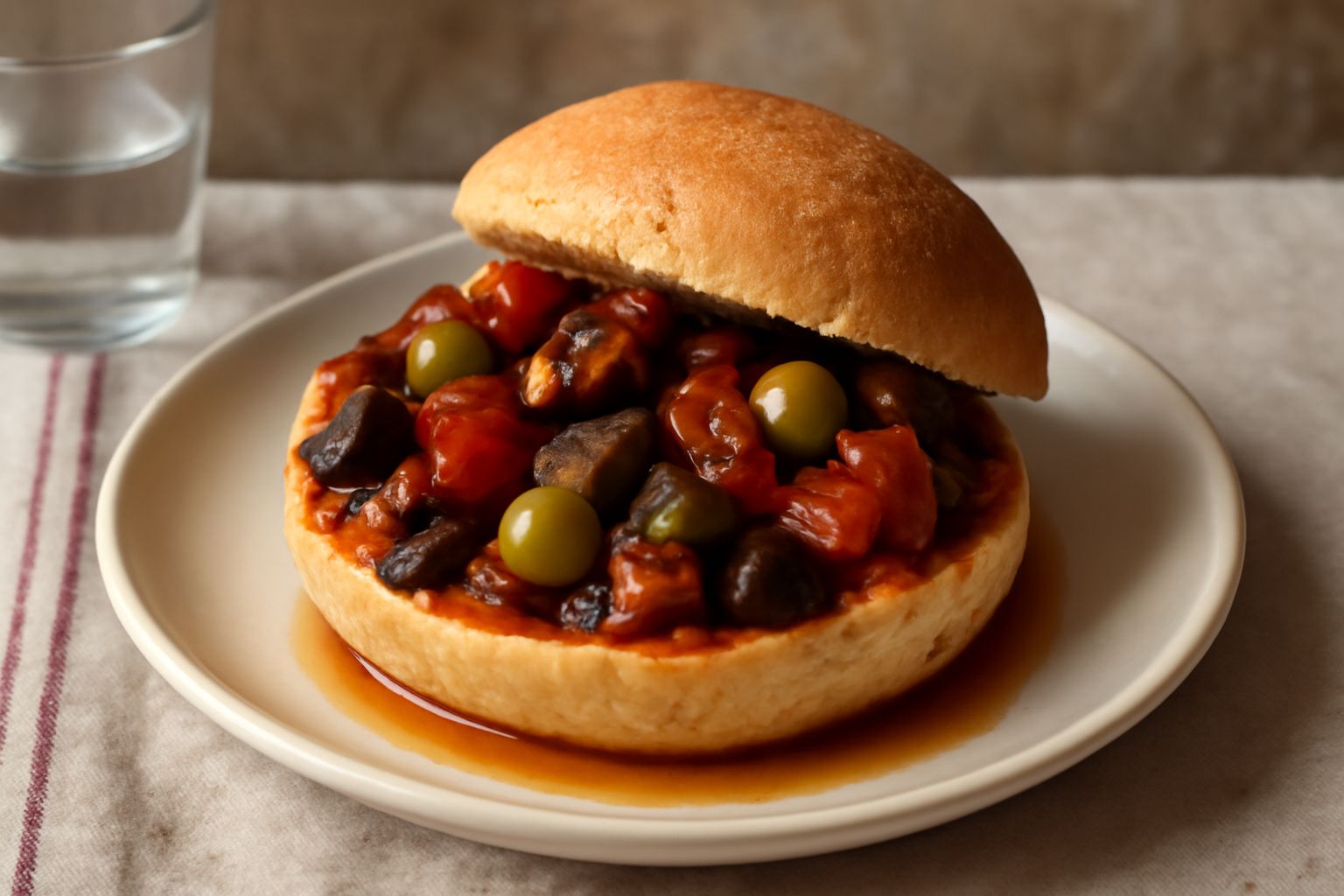 Pani cunzatu tagliato a metà mostrando il ripieno di caponata viola e marrone, melanzane morbide, olive verdi, pomodori rossi, dentro un pane tondo dorato, servito su un piatto bianco