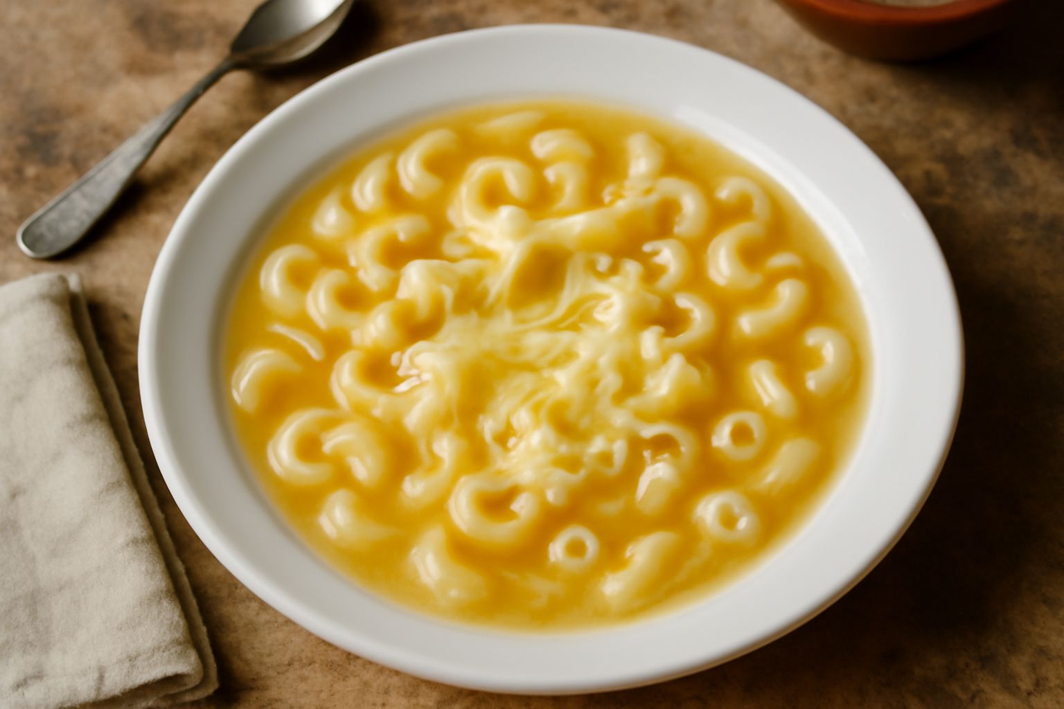 Una ciotola di ceramica bianca contiene pasta lunga in brodo trasparente, con fili di formaggio filante che si stendono, spolverata di pepe nero e una foglia di prezzemolo fresco accanto