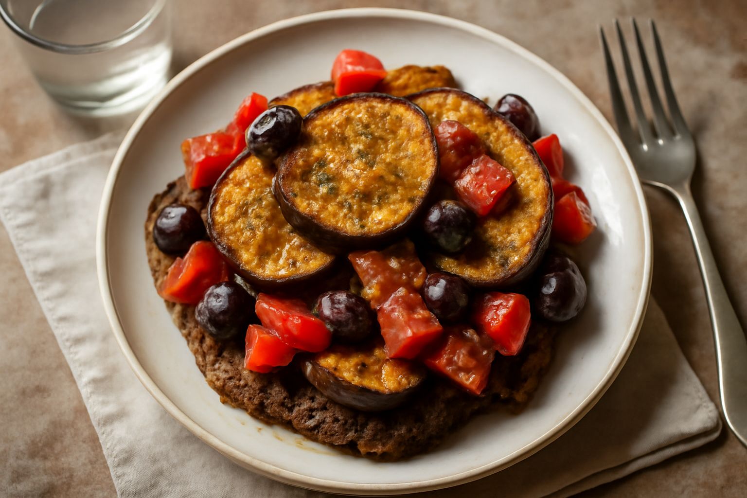 Pani cunzatu ca' melanzana servito in piatto bianco, pane inzuppato coperto di melanzane fritte dorate, pomodori rossi tagliati, olive nere e origano, accanto bicchiere d'acqua fresca