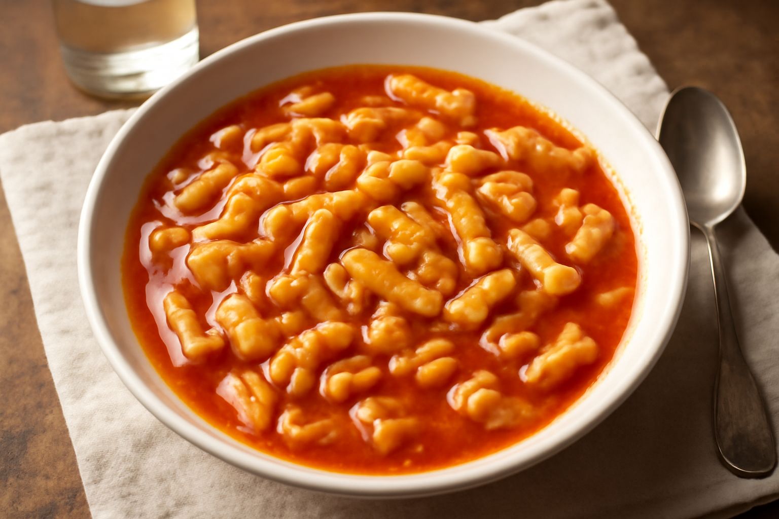 Ciotola bianca con pasta corta immersa in brodo rosso di pomodori, gocce d'olio verde in superficie, spicchi di aglio visibili, servito a temperatura ambiente