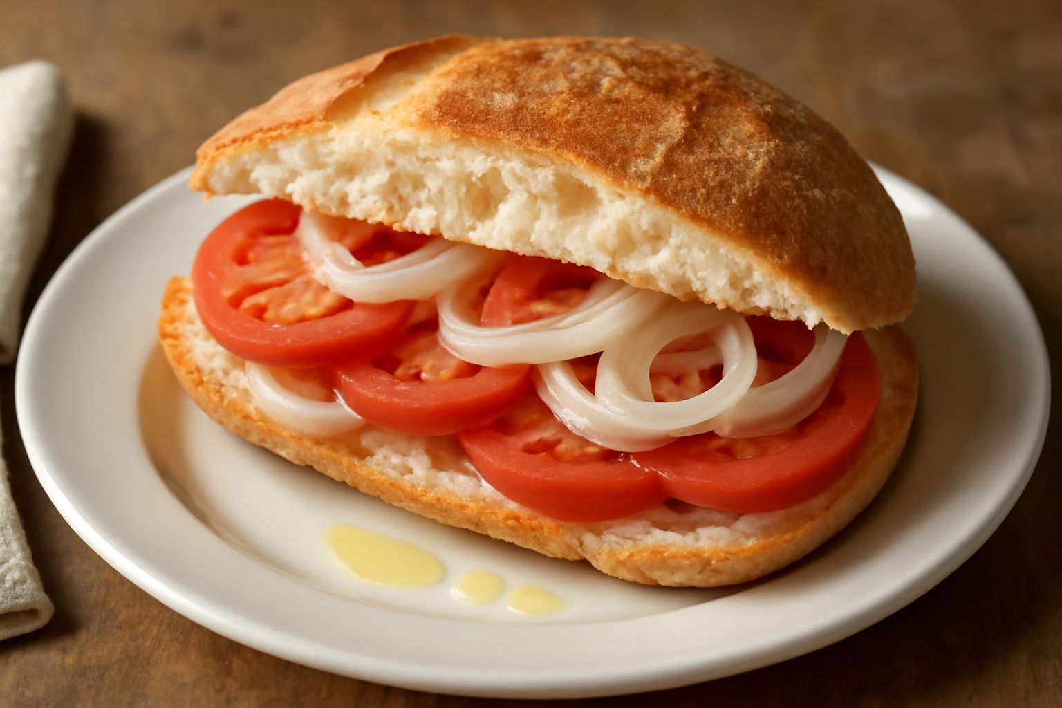 Pane tondo appena aperto mostrando il ripieno di pomodori rossi, cipolla gialla traslucida e un filo d'olio lucido, servito su un piatto bianco con macchie rosse di sugo intorno